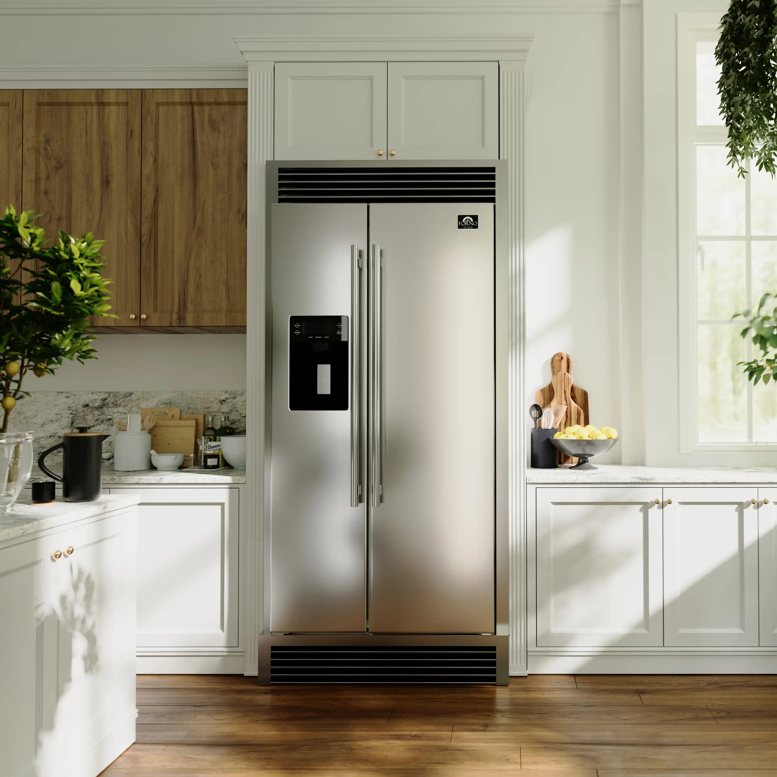 Stainless built-in side-by-side refrigerator with dispenser and twin doors in an open kitchen layout.