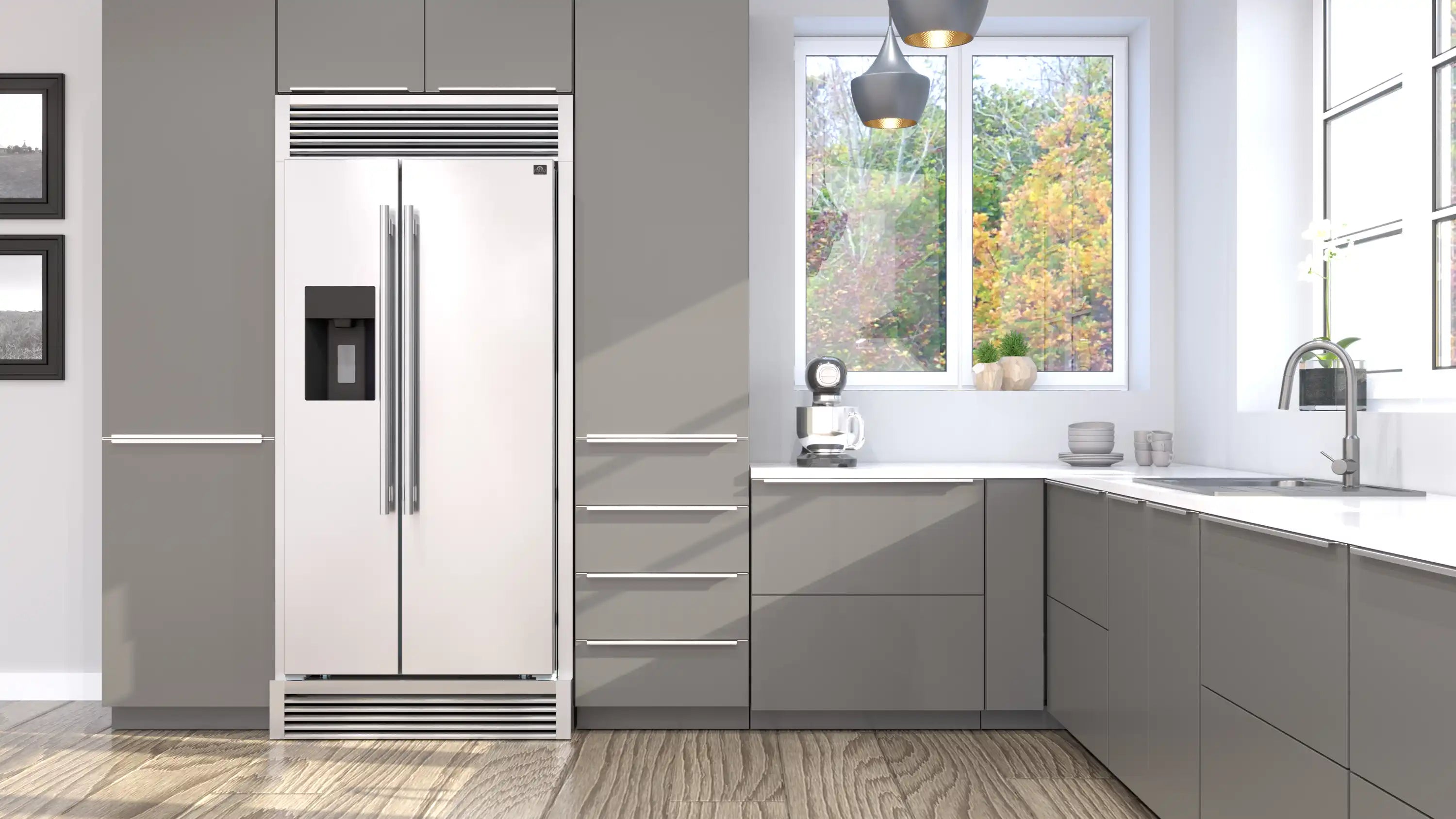 Stainless built-in side-by-side refrigerator with water dispenser, installed in a modern kitchen.