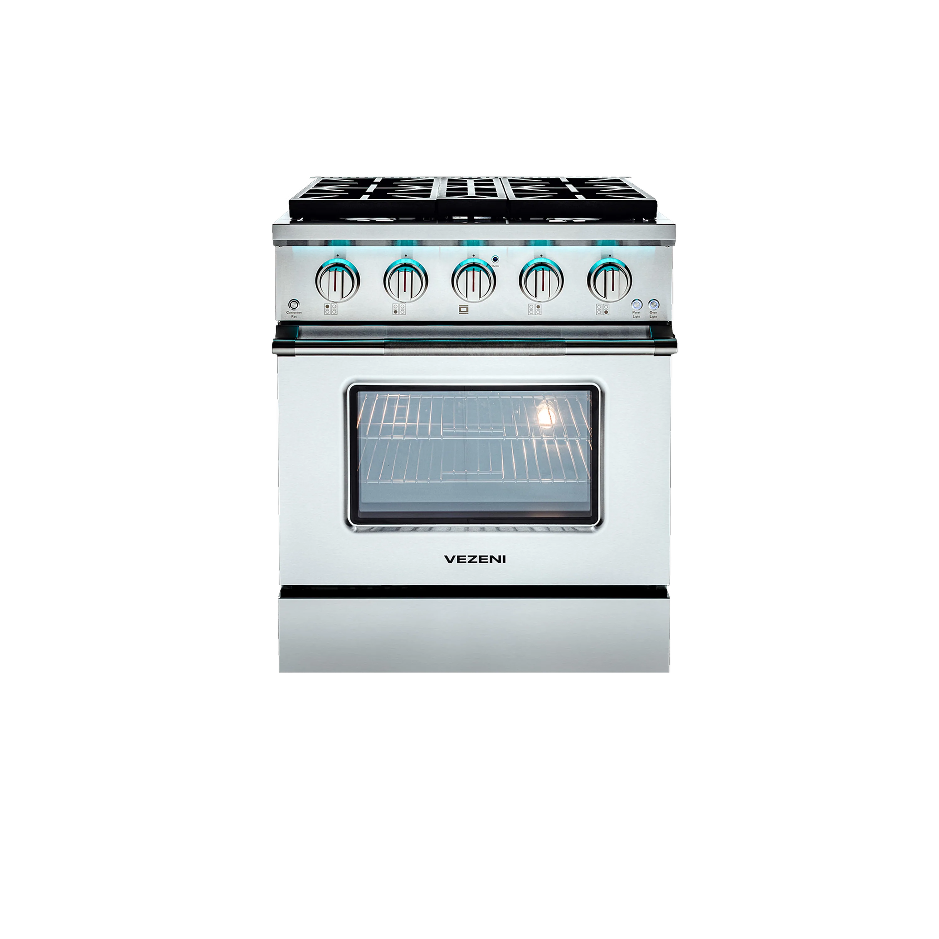 Stainless steel gas range with control knobs and oven door window