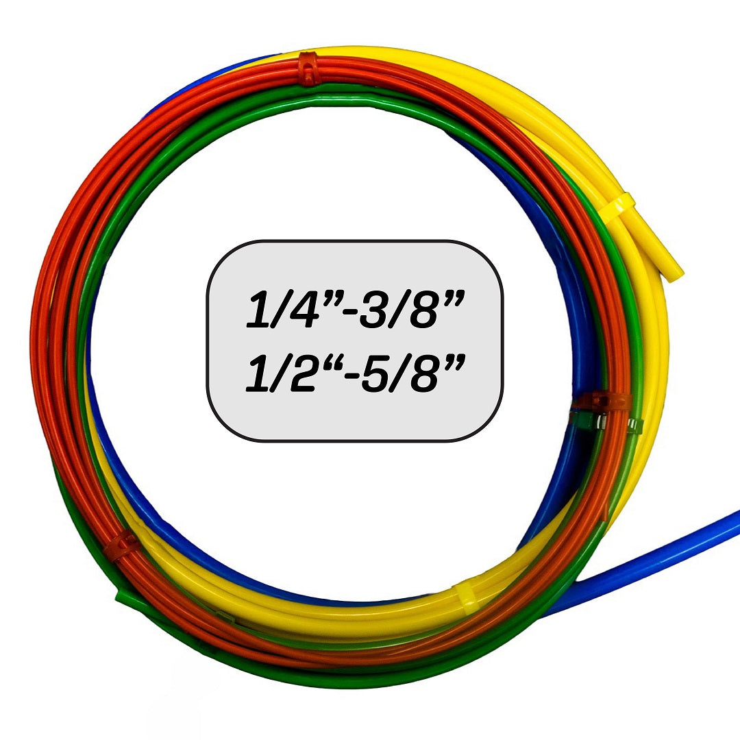 Coiled tubes (red/green/yellow), sizes 1/4"-3/8" and 1/2"-5/8"