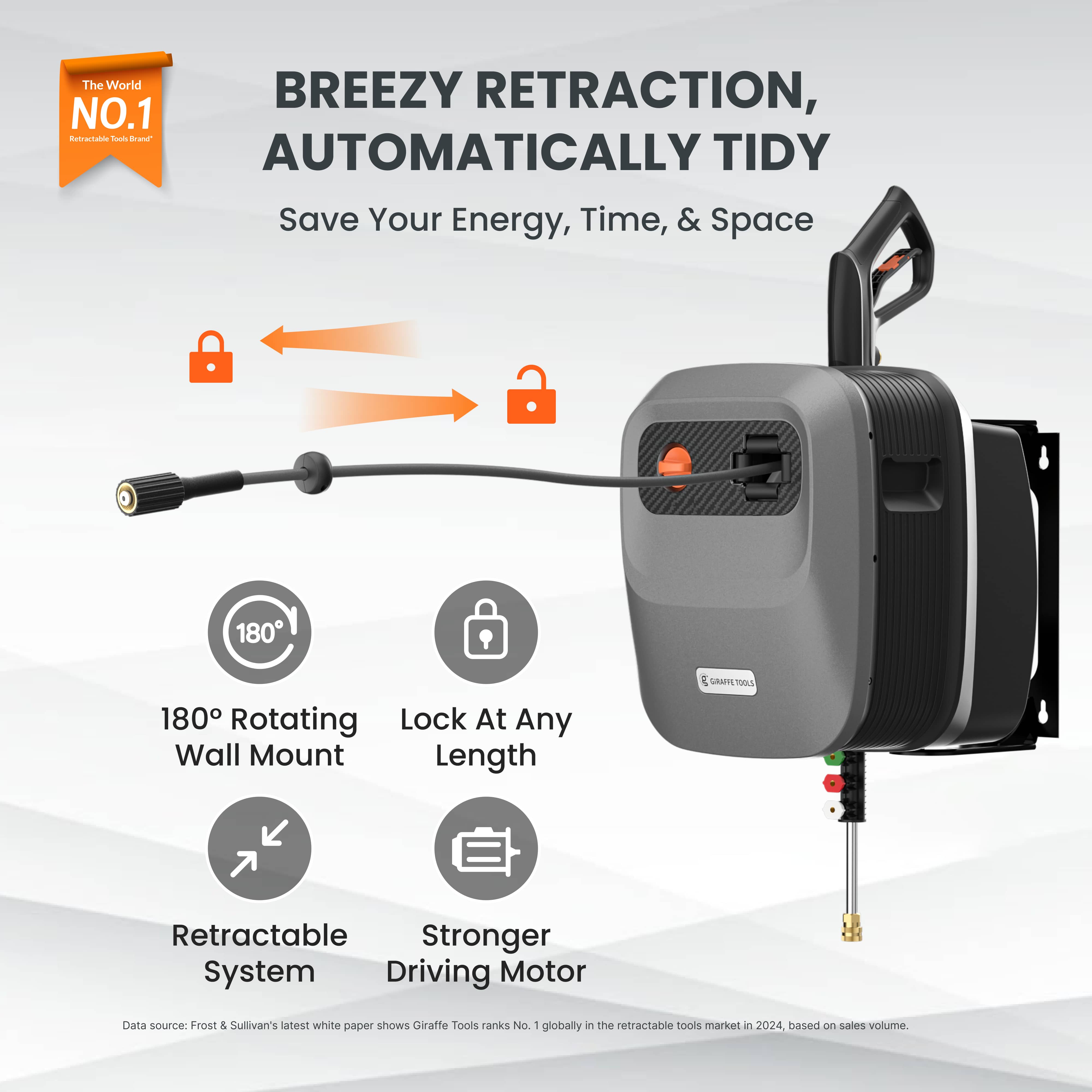 Wall-mounted retractable pressure washer with 180-degree rotating hose reel