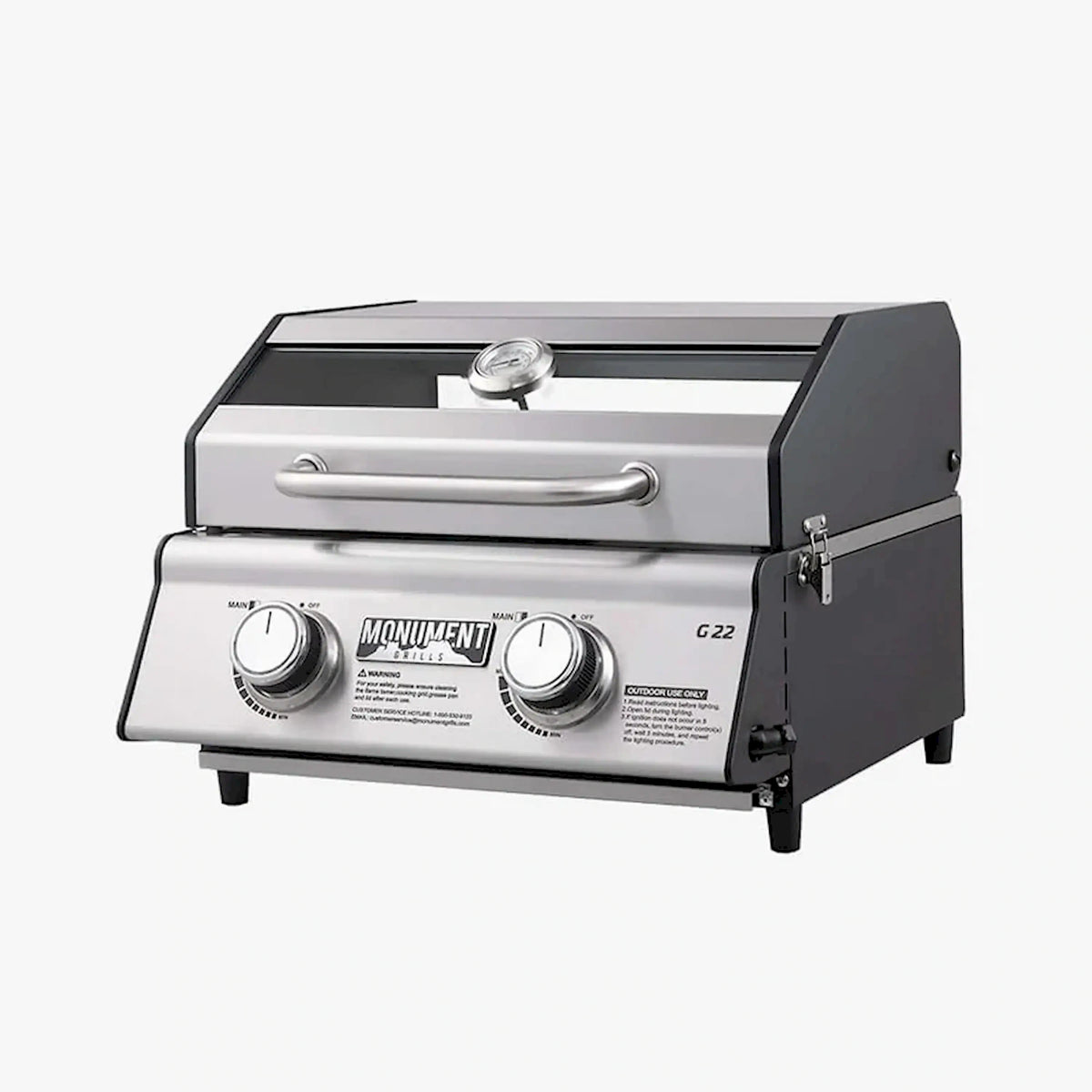 Monument G22 tabletop propane grill with lid, handle, and two control knobs