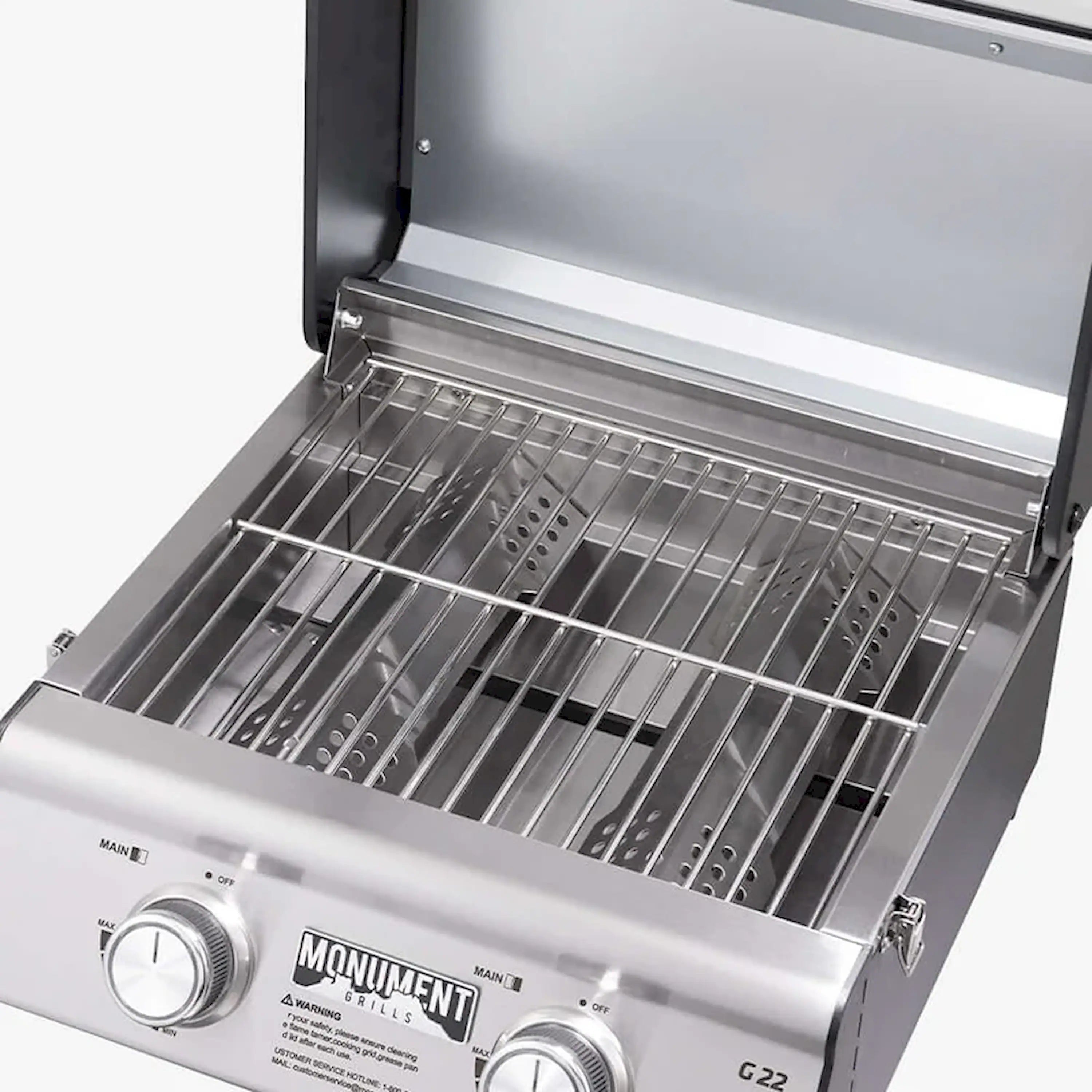 Stainless steel tabletop propane gas grill with open lid showing two-burner grate