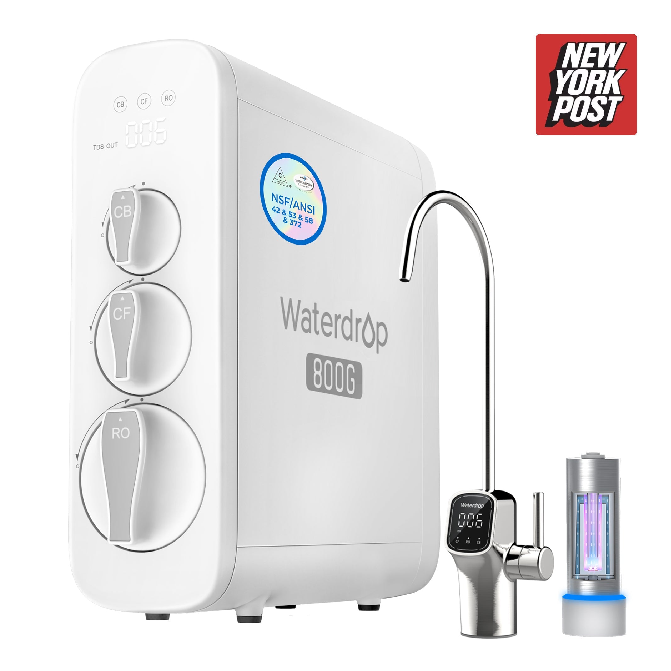 Under-sink RO water filter system with Waterdrop unit, faucet, and LED display