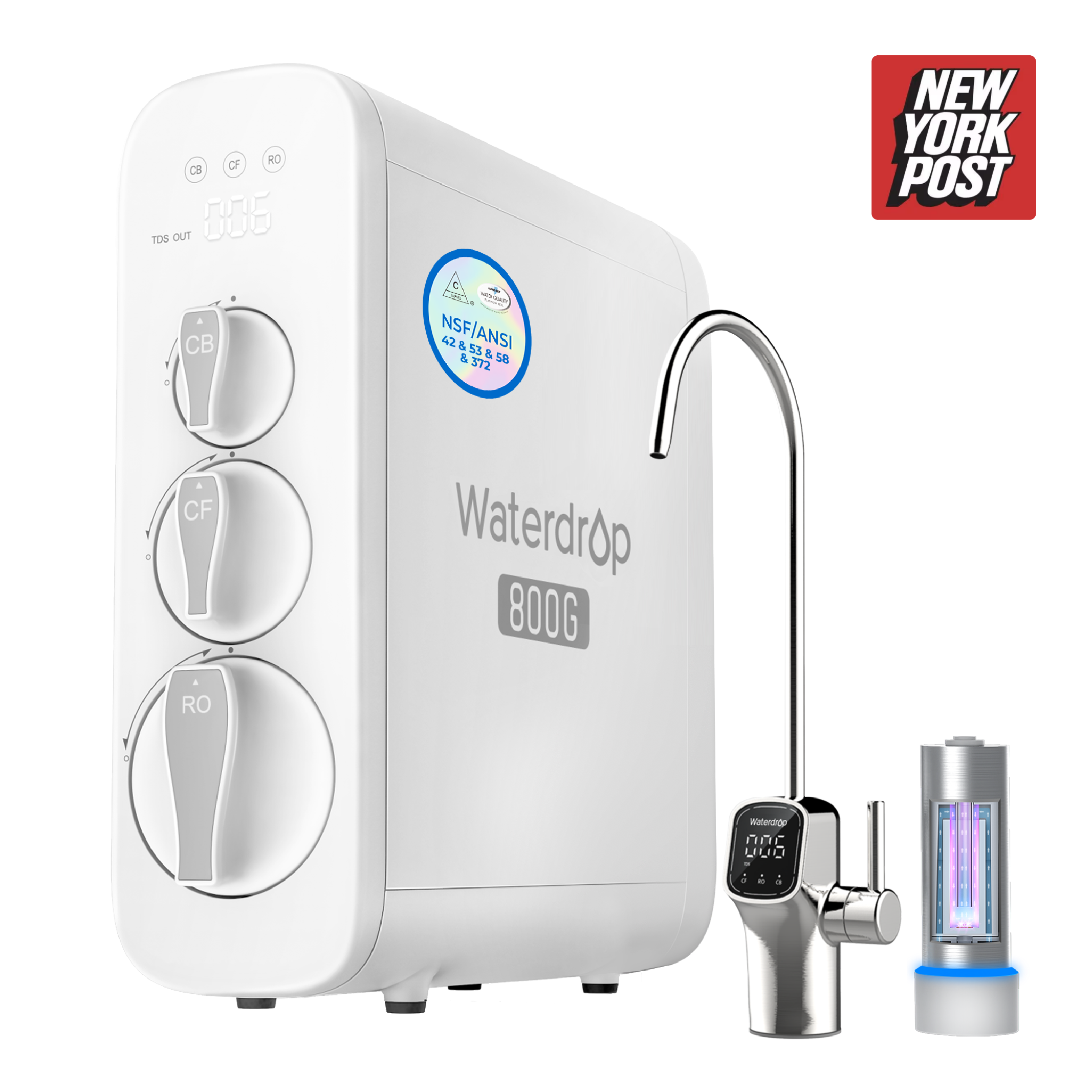 Waterdrop 800G reverse osmosis system with chrome faucet and filter cartridge