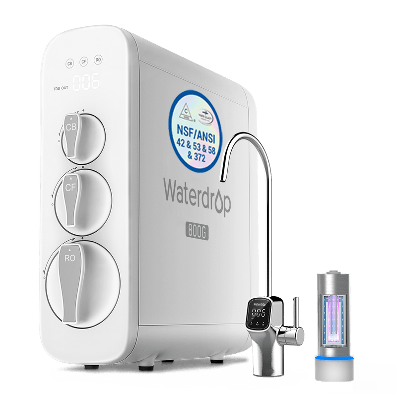 Waterdrop Reverse Osmosis System with UV Sterilizing Light, 800 GPD Fast Flow, NSF/ANSI 42 & 53 & 58 & 372 Certified, 3:1 Pure to Drain, Tankless Under Sink RO Water Filter System, LED Purifier, Smart Faucet (WD-G3P800-W-FC)