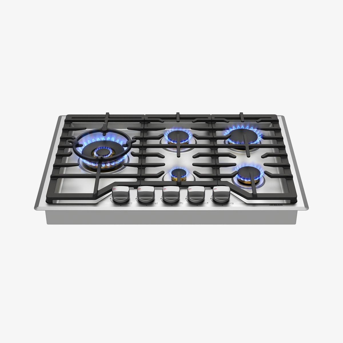 Stainless 5-burner gas cooktop with black grates and glowing blue flames, front view.