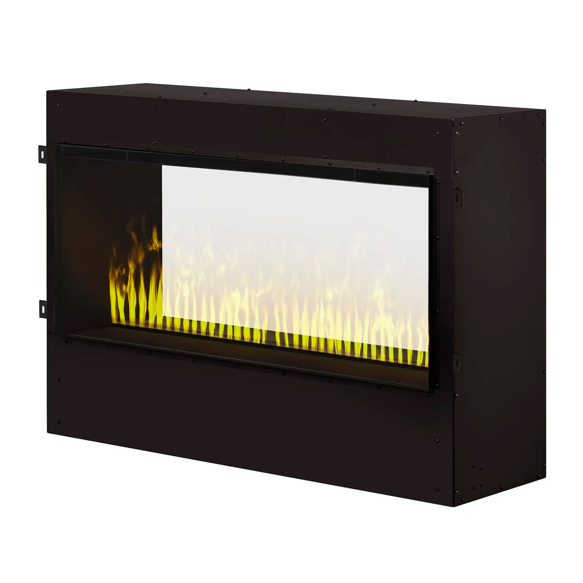 Black electric firebox with white and yellow flame effect in the glass window
