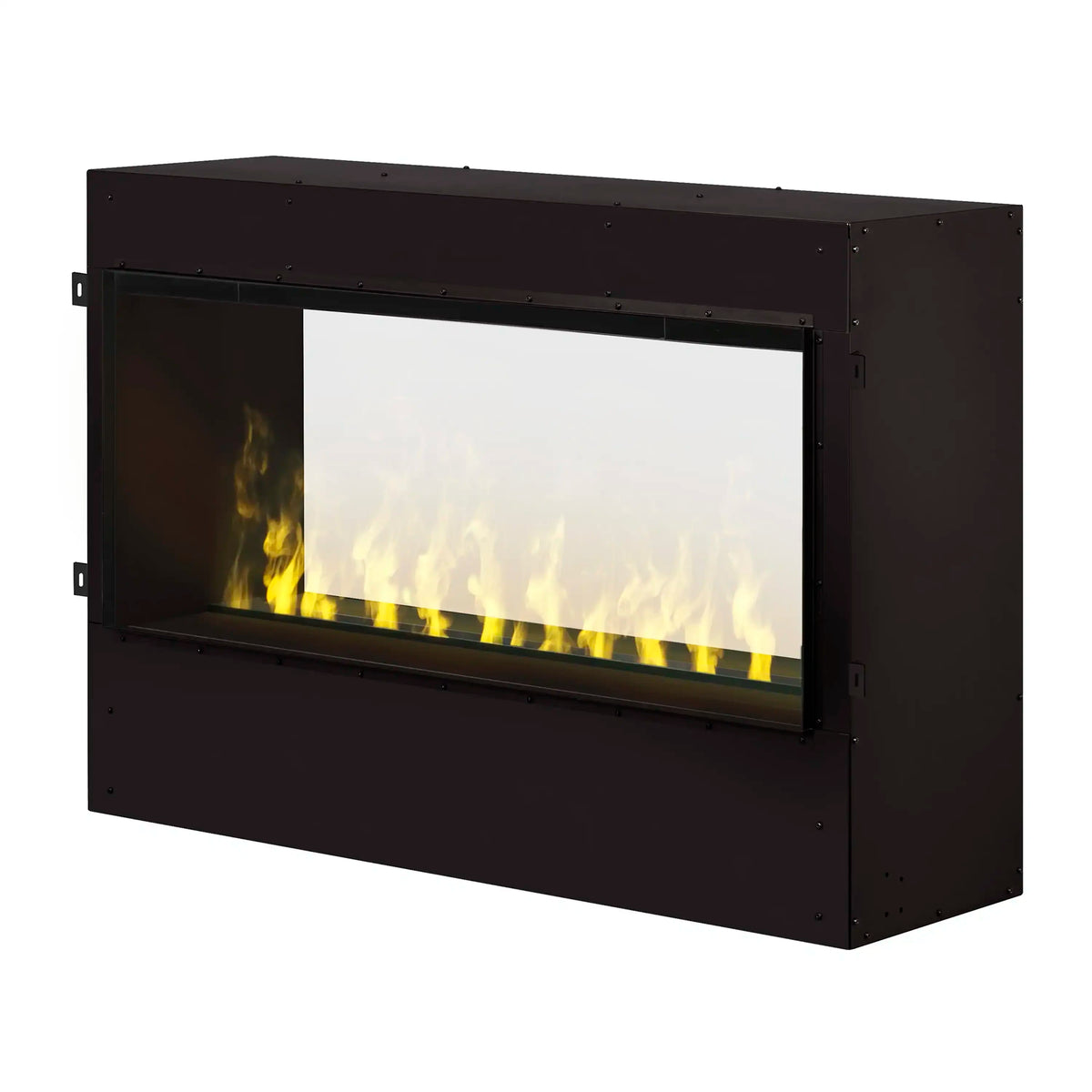 Built-in electric firebox with open rectangular front and visible flame effect, black