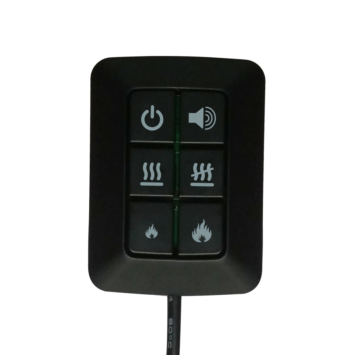 Black remote control for electric firebox with power, sound, and flame icon buttons