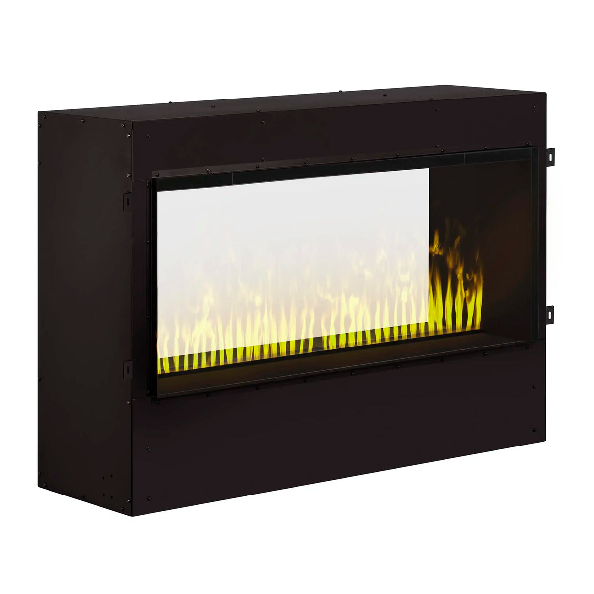Black electric firebox with bright white flame effect in the glass window