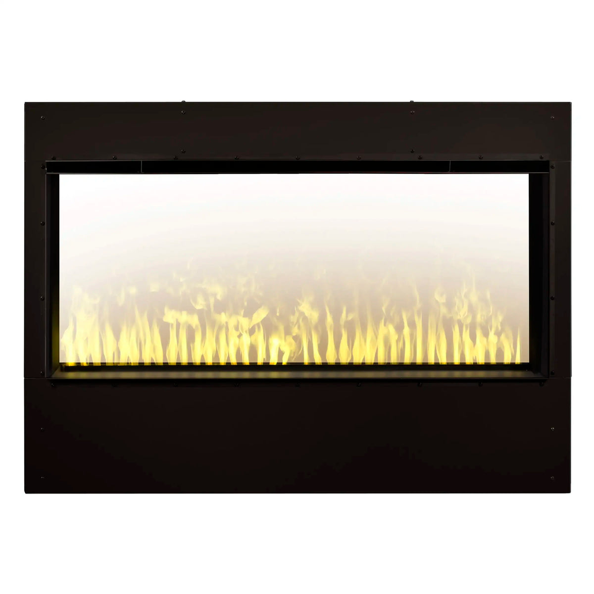 Built-in electric firebox front view with glowing flame effect behind rectangular glass