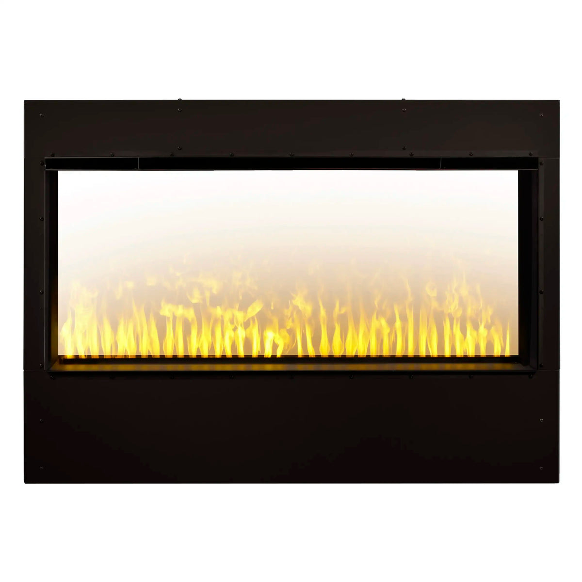 Built-in electric firebox with rectangular glass opening and yellow flame effect, black