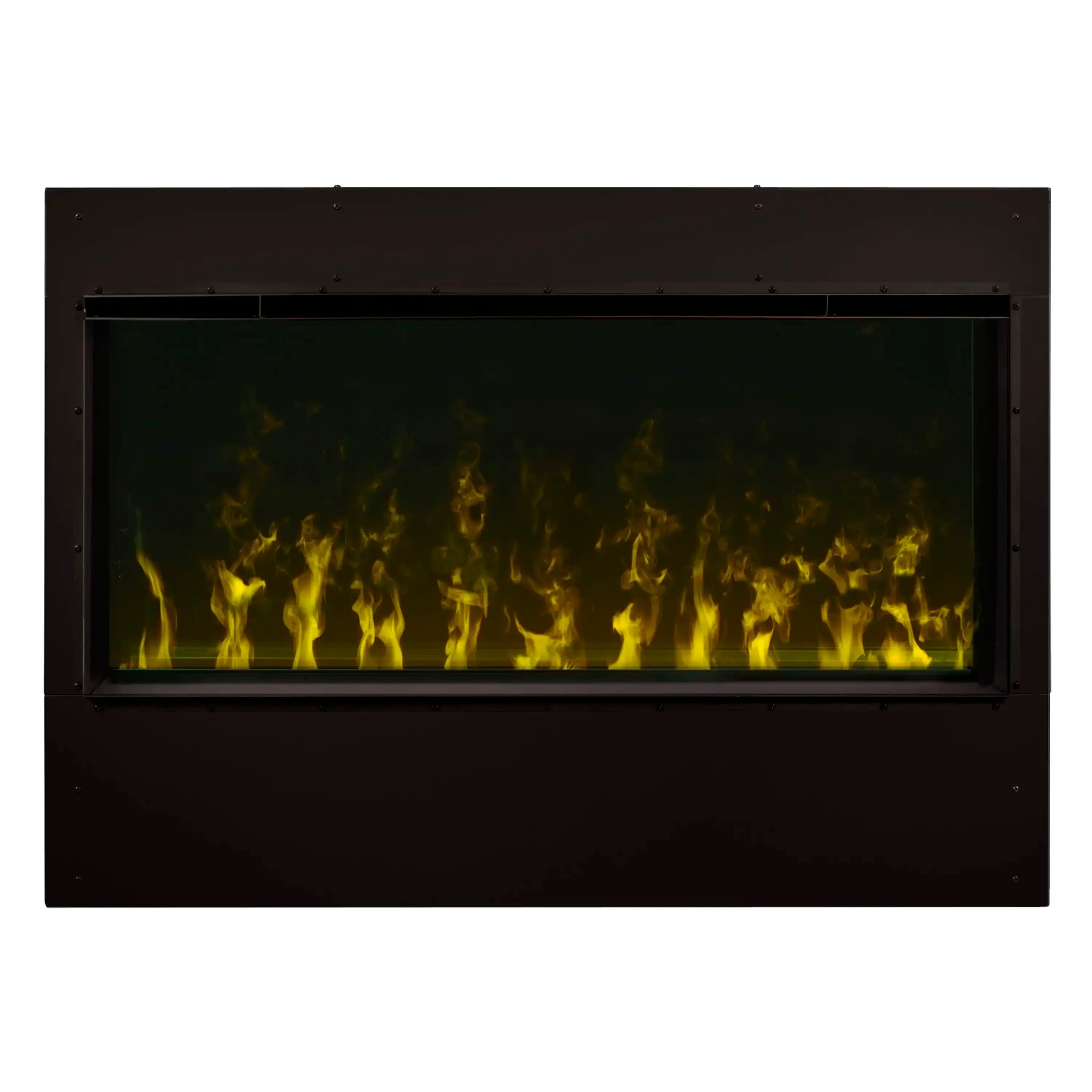 Dark electric firebox with yellow flame effect across the viewing window