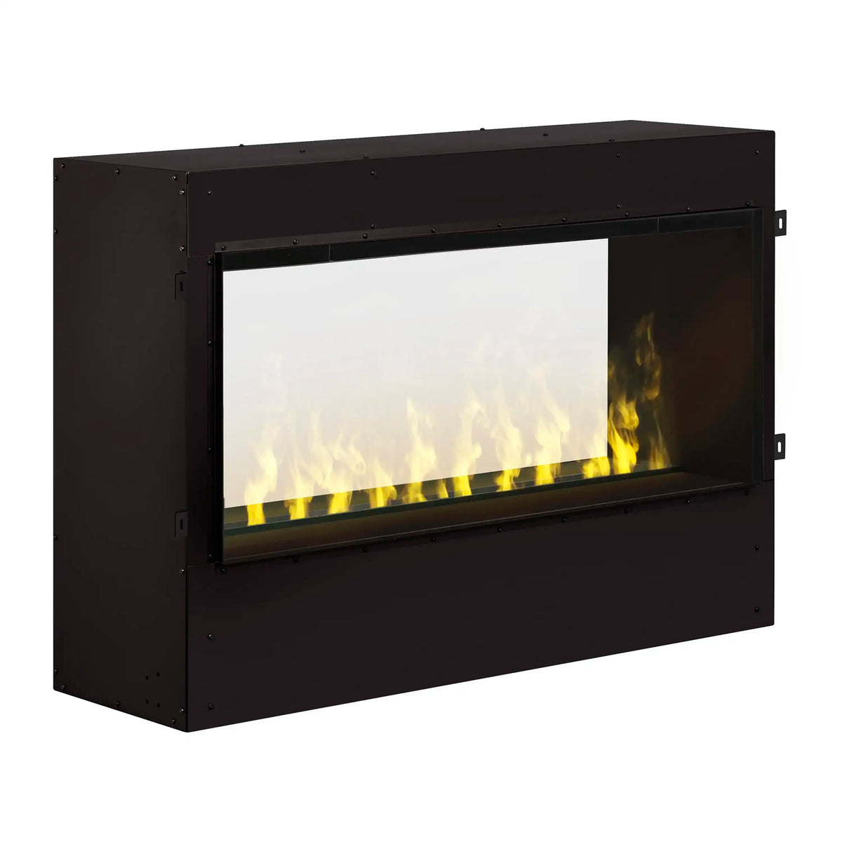 Built-in electric firebox at an angle with flame effect in rectangular viewing window