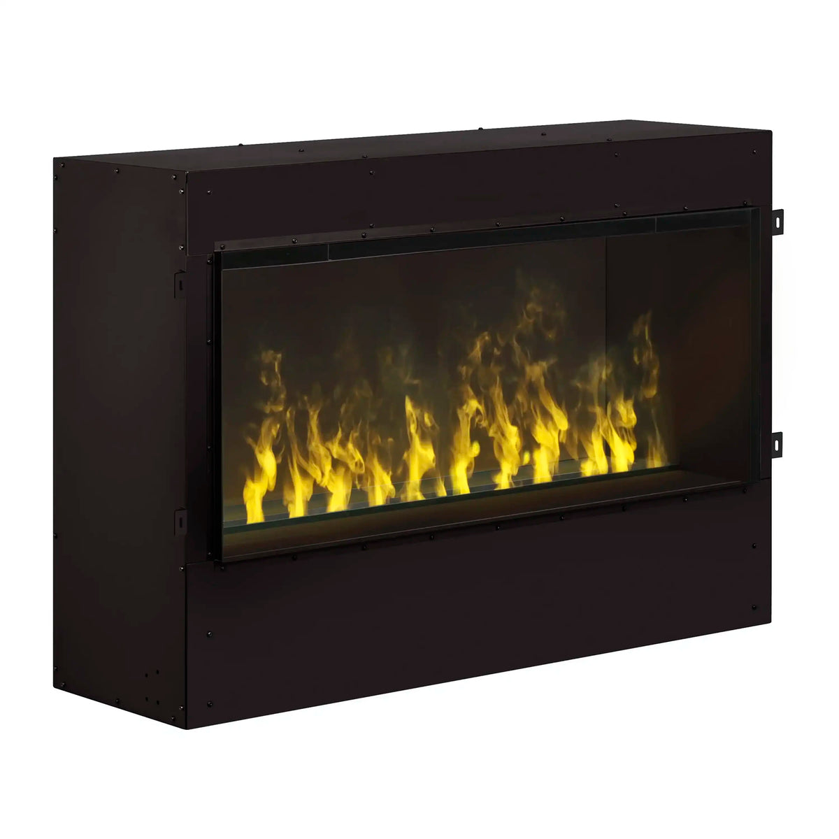 Black rectangular electric firebox with glass viewing window and yellow flames