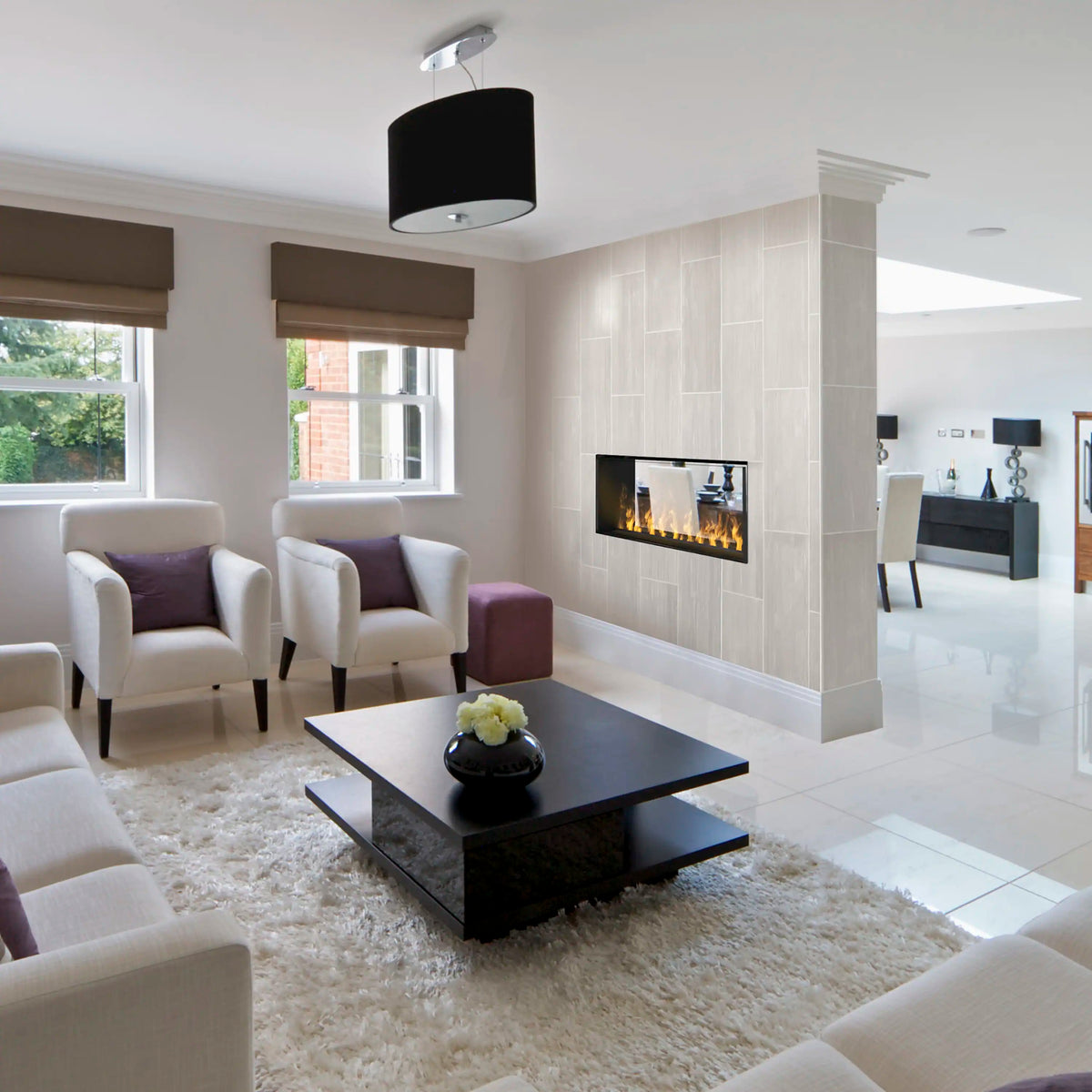 Built-in electric firebox insert with glass window showing yellow flame effect
