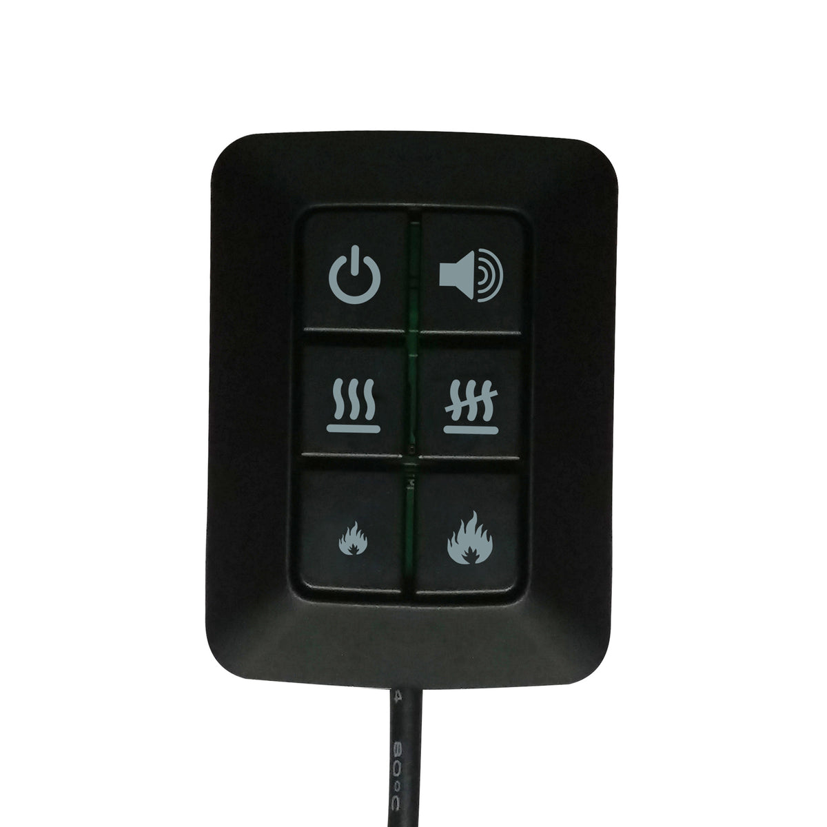 Black control switch with six icons for power, fan, and heat flame settings.
