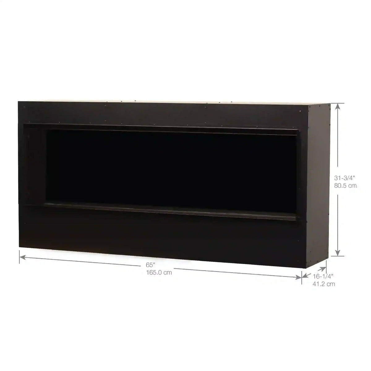 Built-in water vapor firebox, black rectangular frame with dark interior opening
