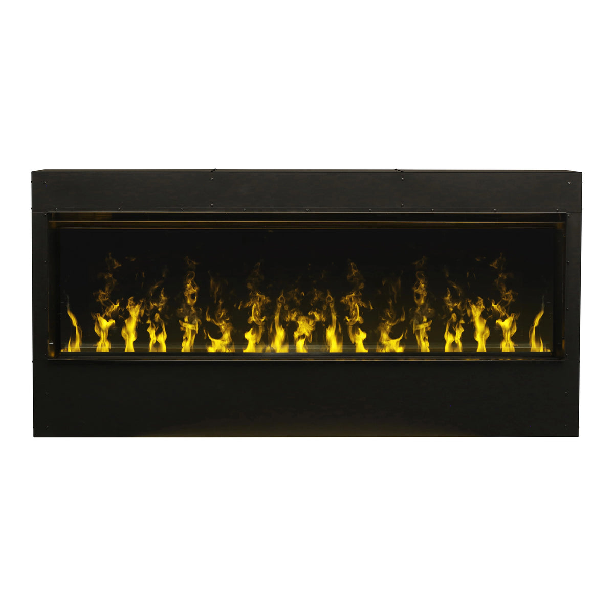 Black built-in water vapor firebox with glowing flame bed behind the glass window.