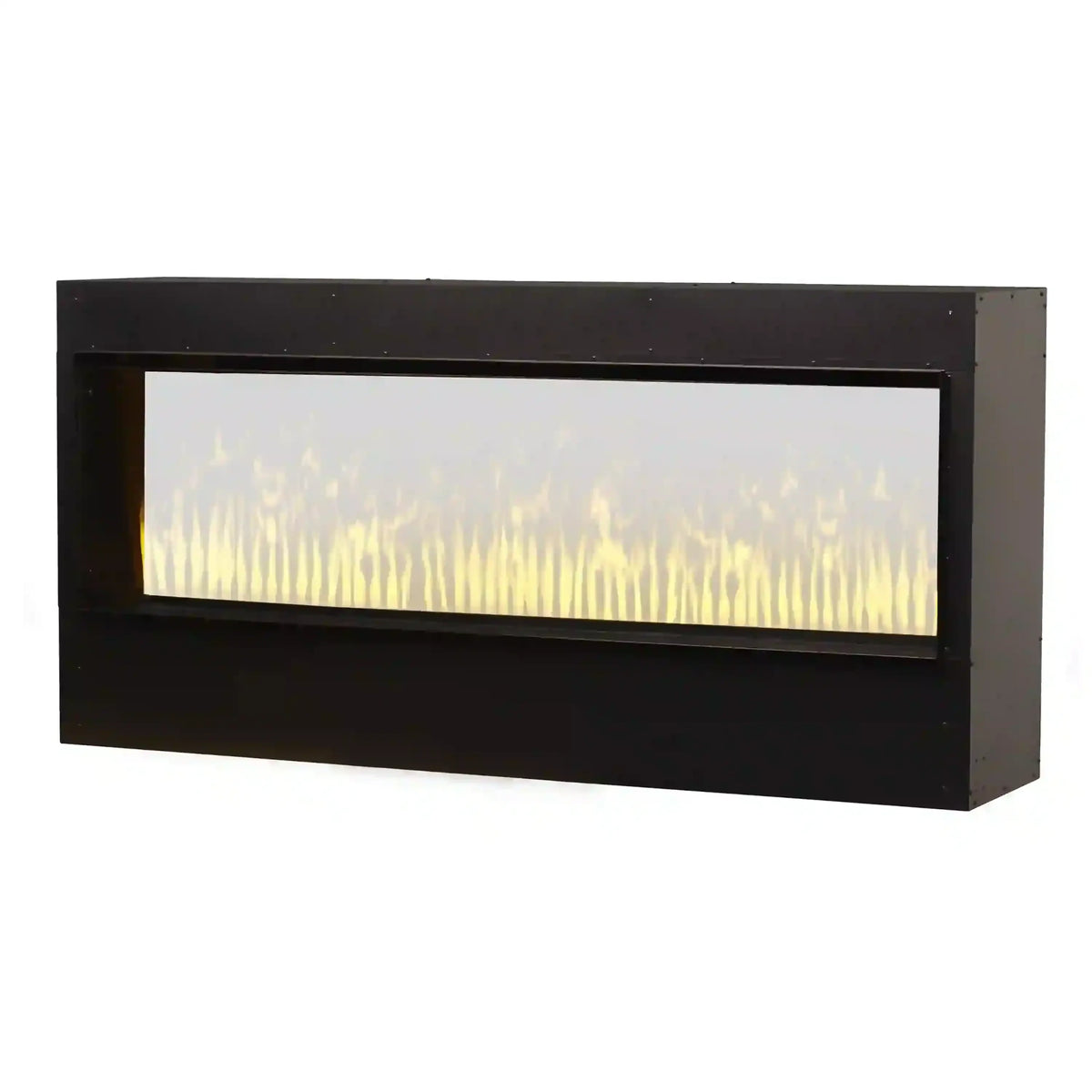 Black built-in water vapor firebox with white steam and soft yellow light across glass.