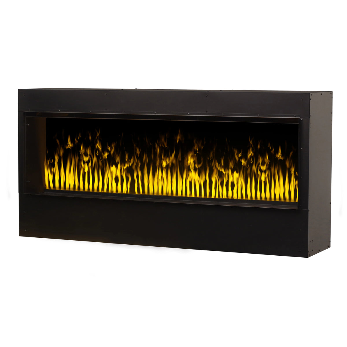 Black built-in water vapor firebox with bright amber flame effect in glass front.