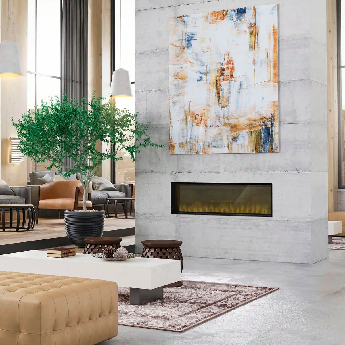 Built-in water vapor firebox in a wall recess, black frame with warm yellow vapor flames