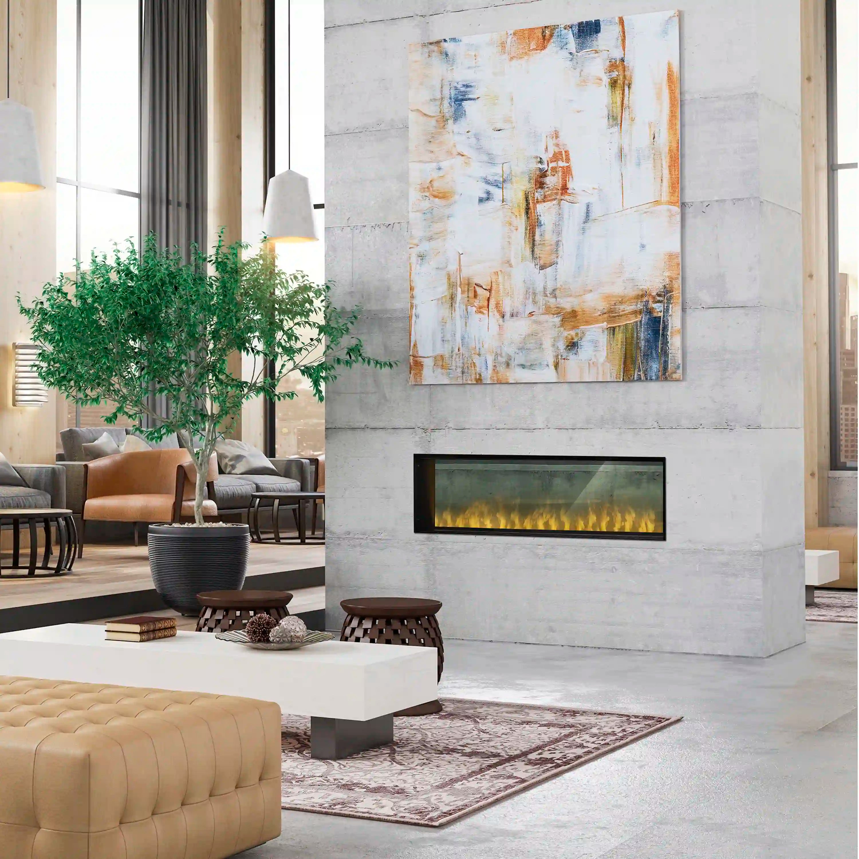 Built-in water vapor firebox installed in a white wall with black flame window
