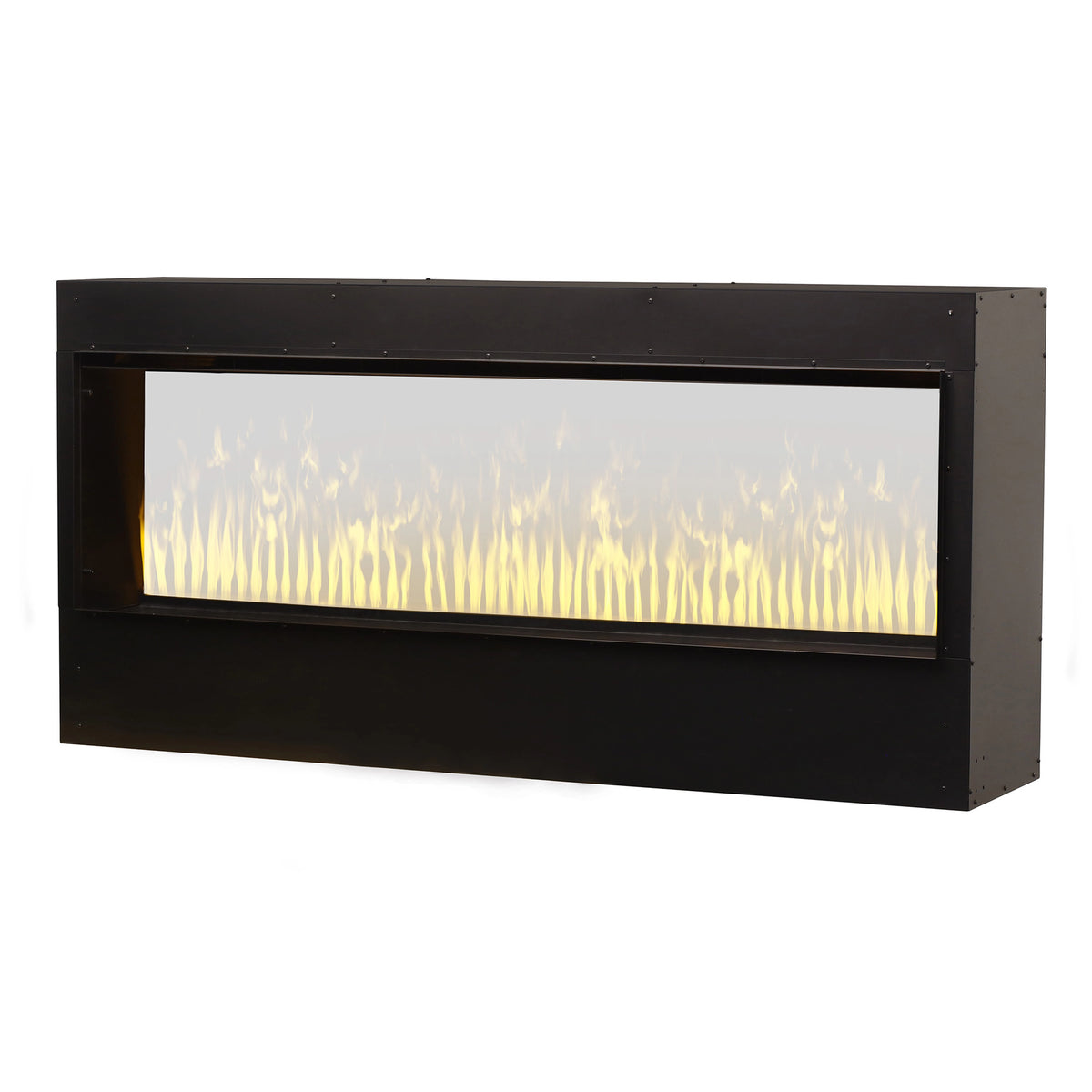 Black built-in water vapor firebox with white steam and warm yellow flame glow behind glass.
