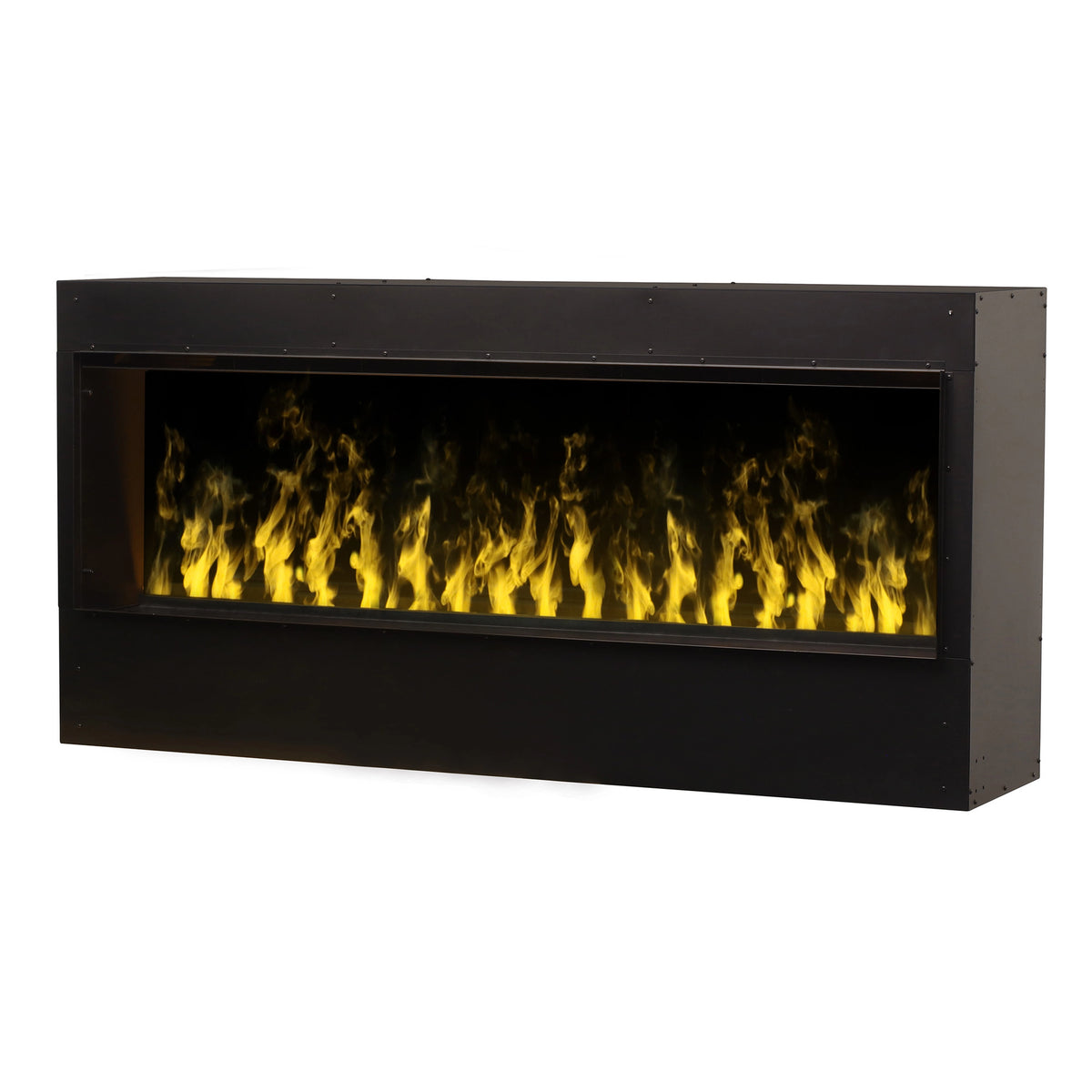 Black built-in water vapor firebox front view with dense yellow flames behind glass.
