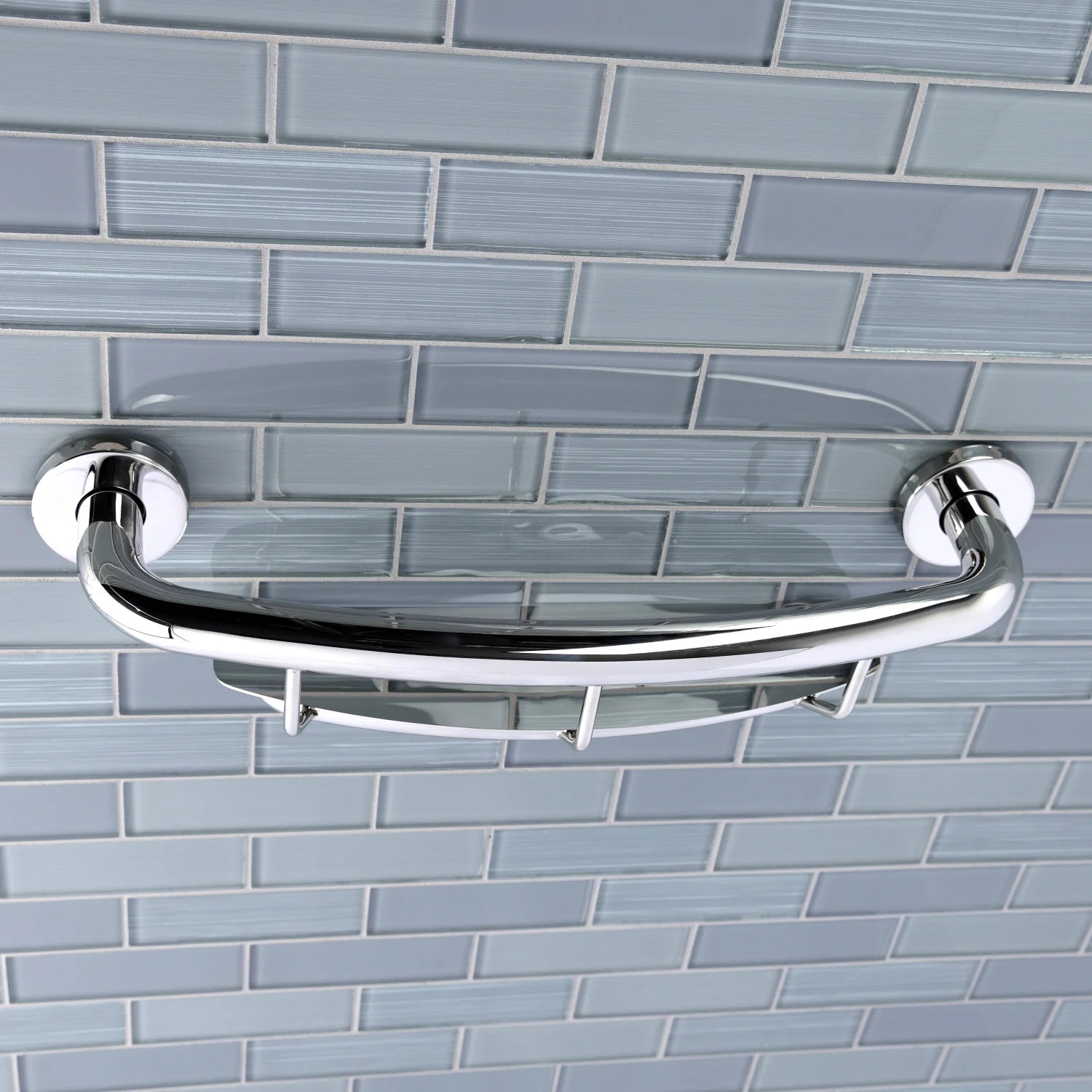 Polished chrome stainless grab bar with integrated shelf and curved handrail