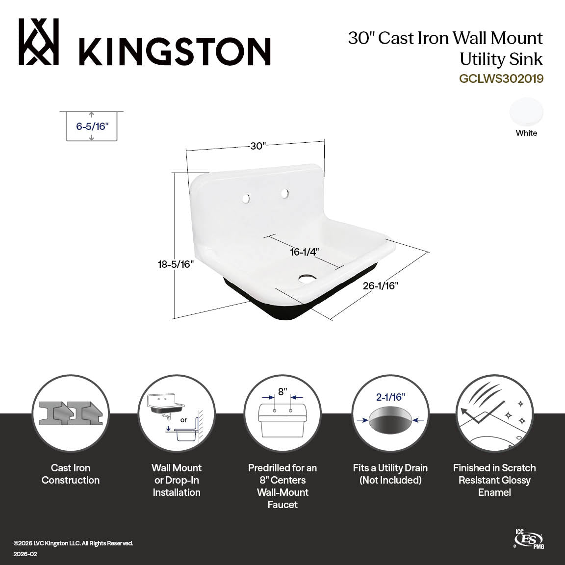 Towne 30-Inch Cast Iron Single Bowl Wall Mount Utility Sink (2-Hole) in White