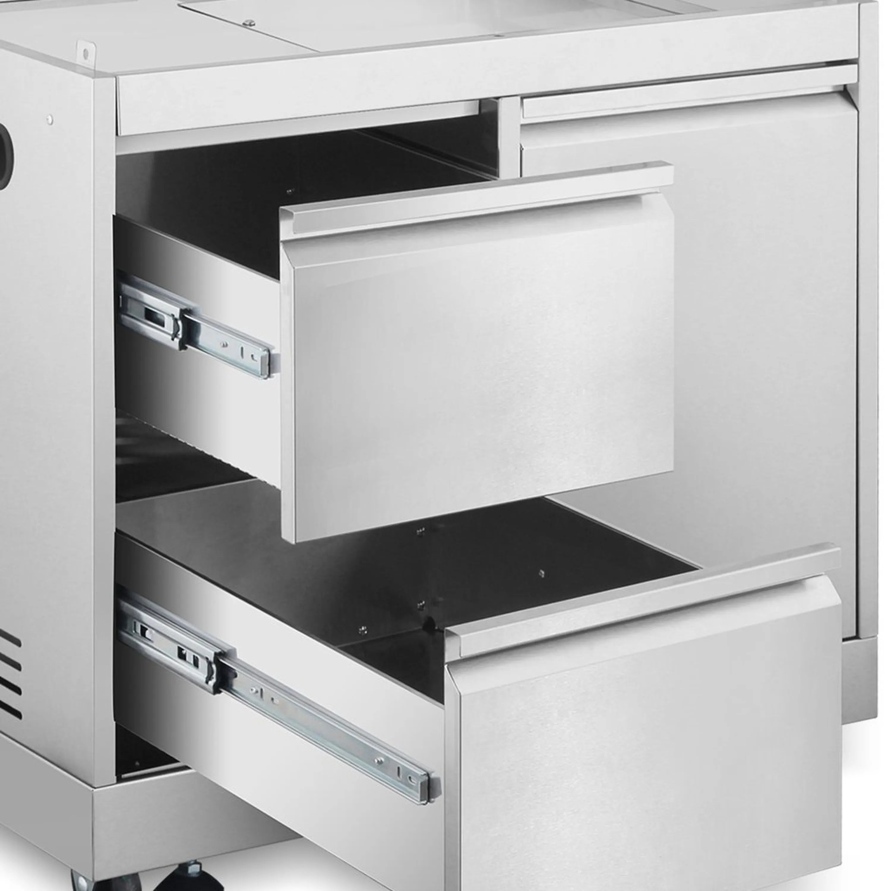 Stainless steel grill cabinet with open drawer and lower tray inside.