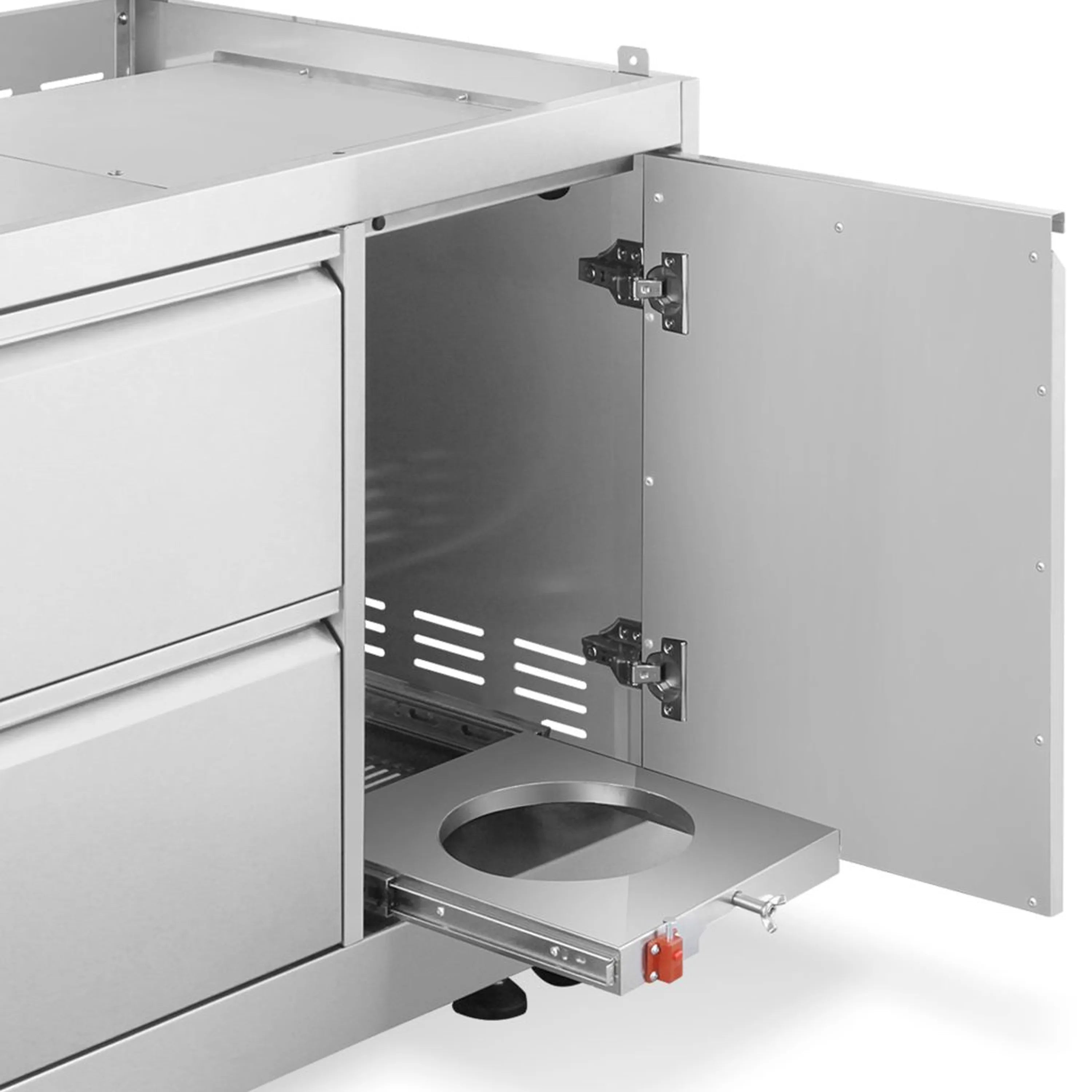 Open stainless steel grill cabinet door showing round burner port and inner shelf.