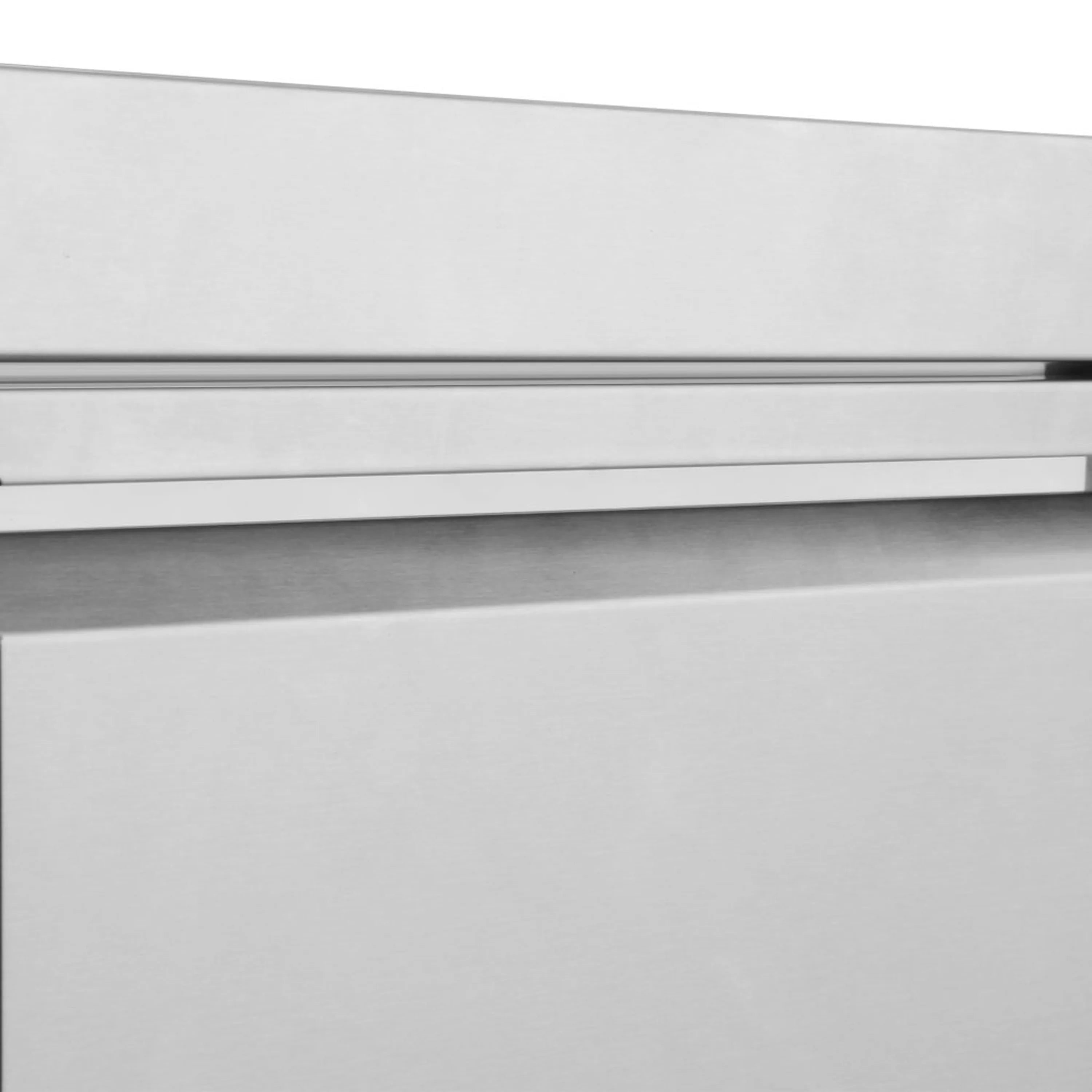 Stainless steel grill cabinet top rail with smooth metal surface and edge lip.