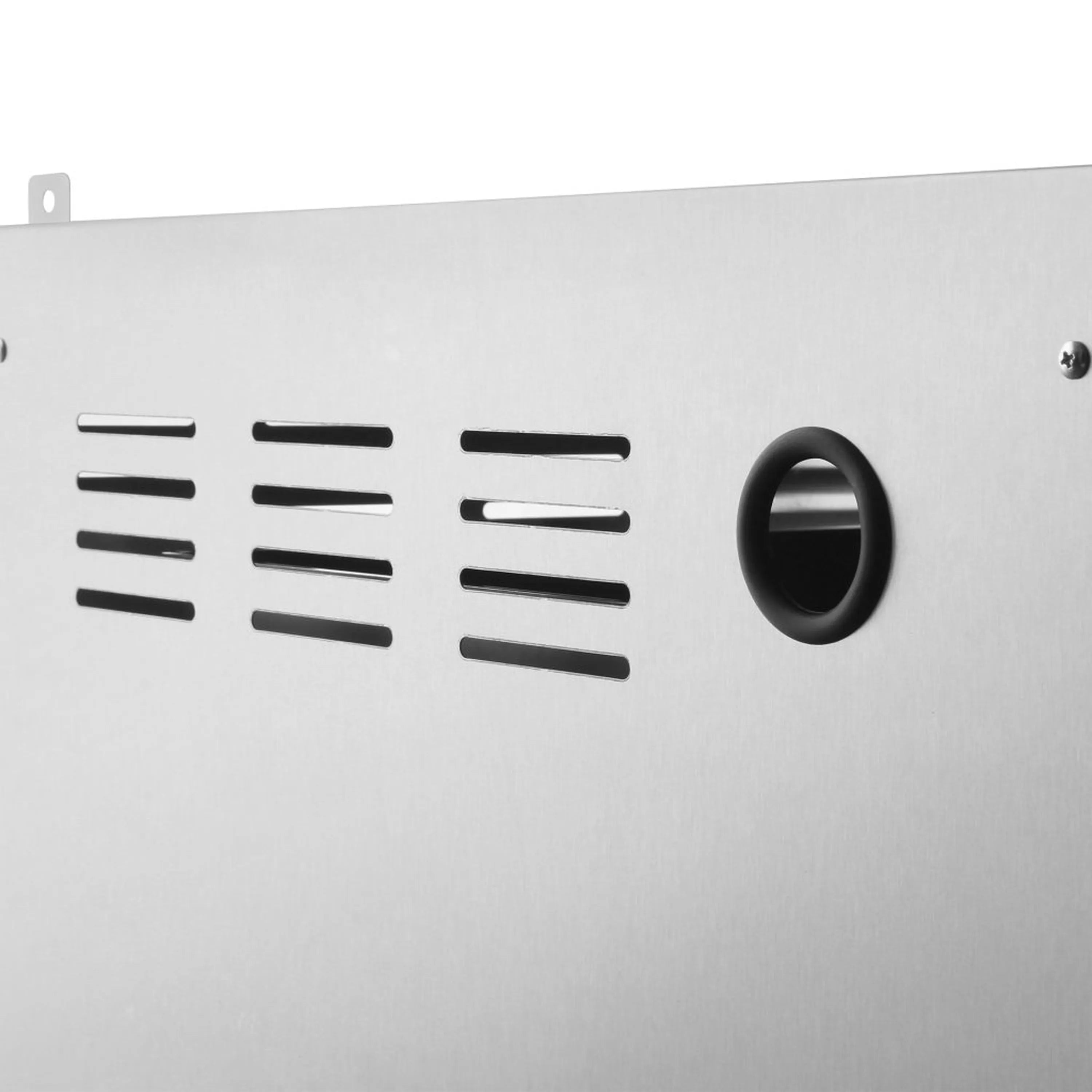Stainless steel grill cabinet front panel with vent slots and round opening.