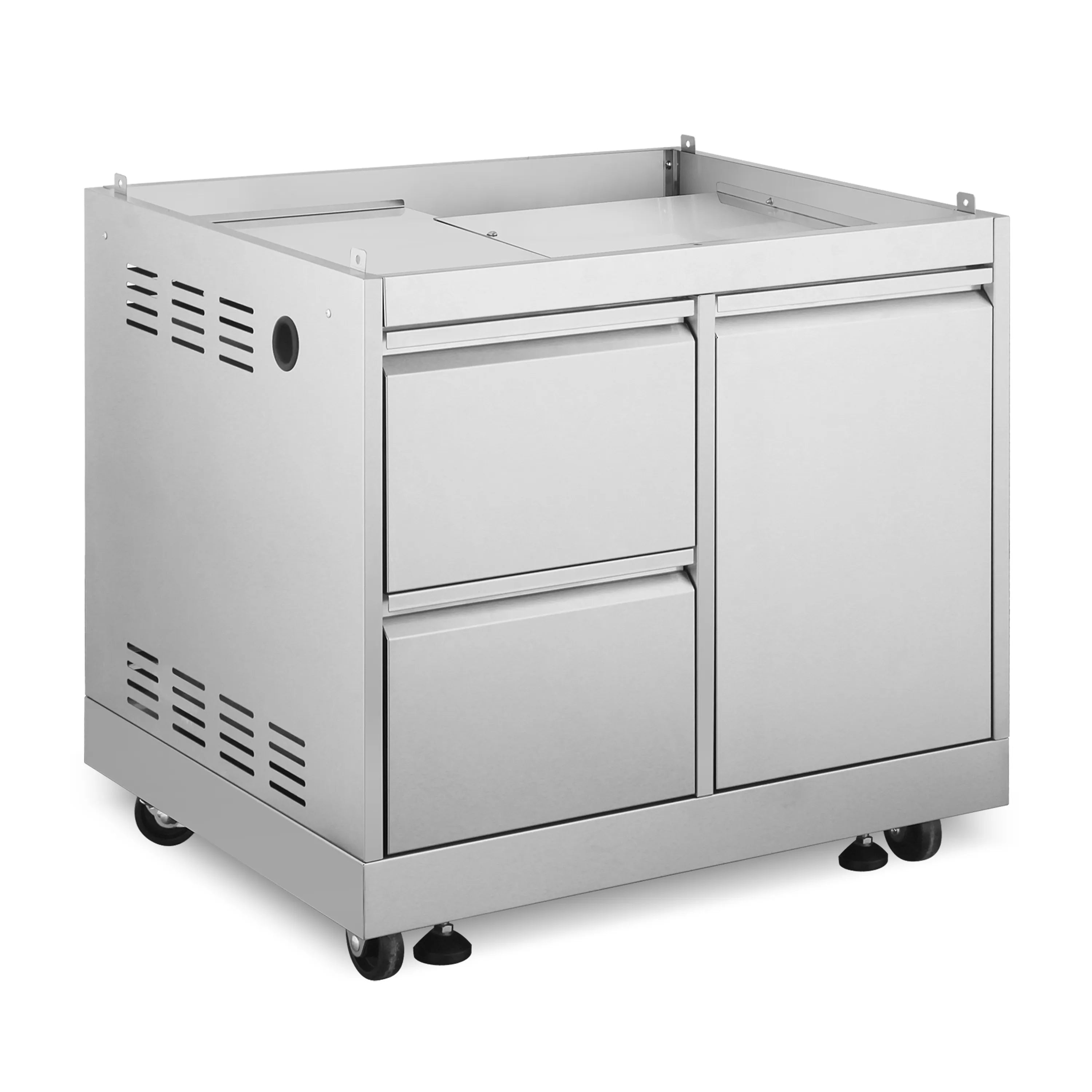 Stainless steel grill cabinet with two doors, open top firebox, and vented sides.