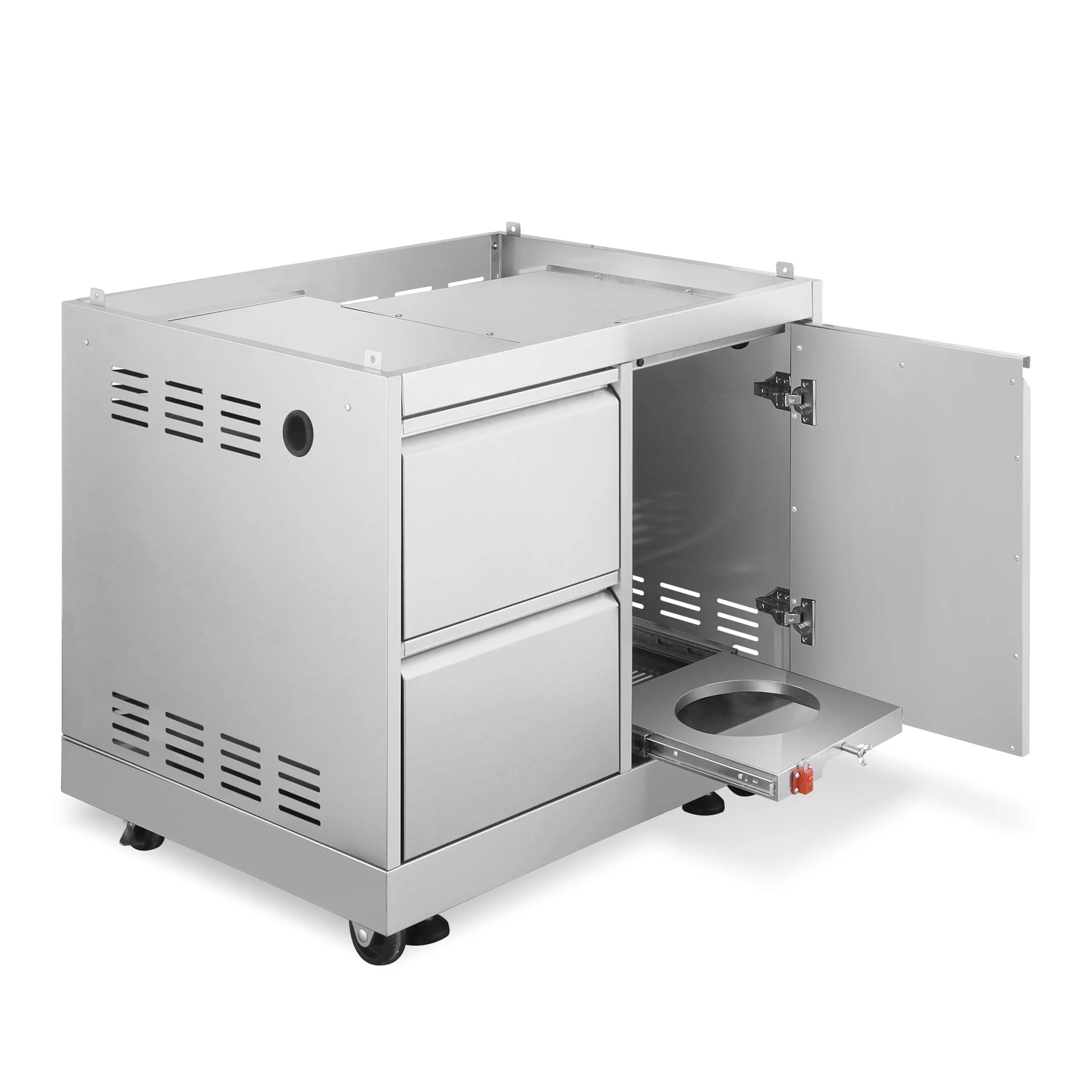 Open stainless steel grill cabinet with inner storage shelves and round gas port.