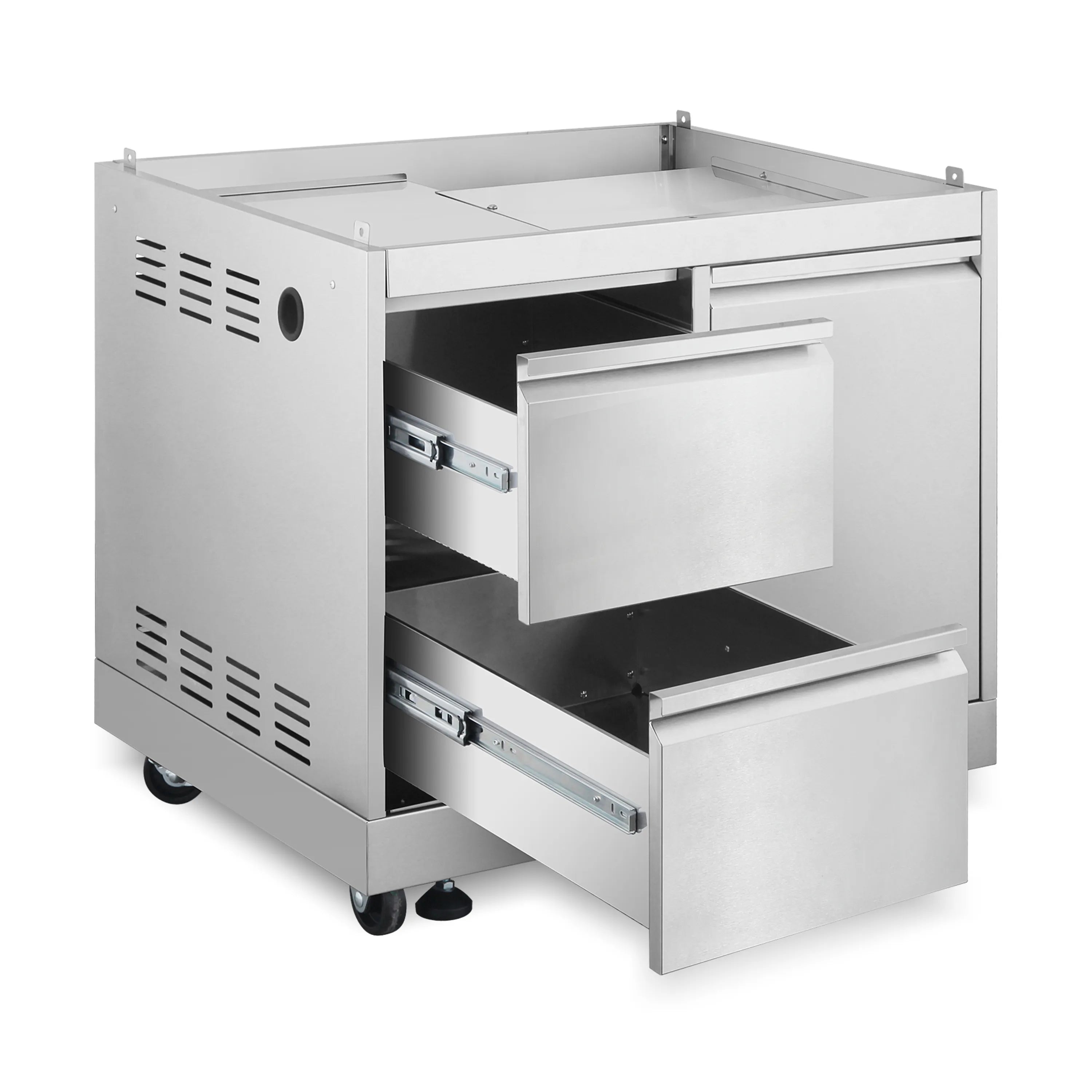 Stainless steel grill cabinet with two open drawers and metal base inside.
