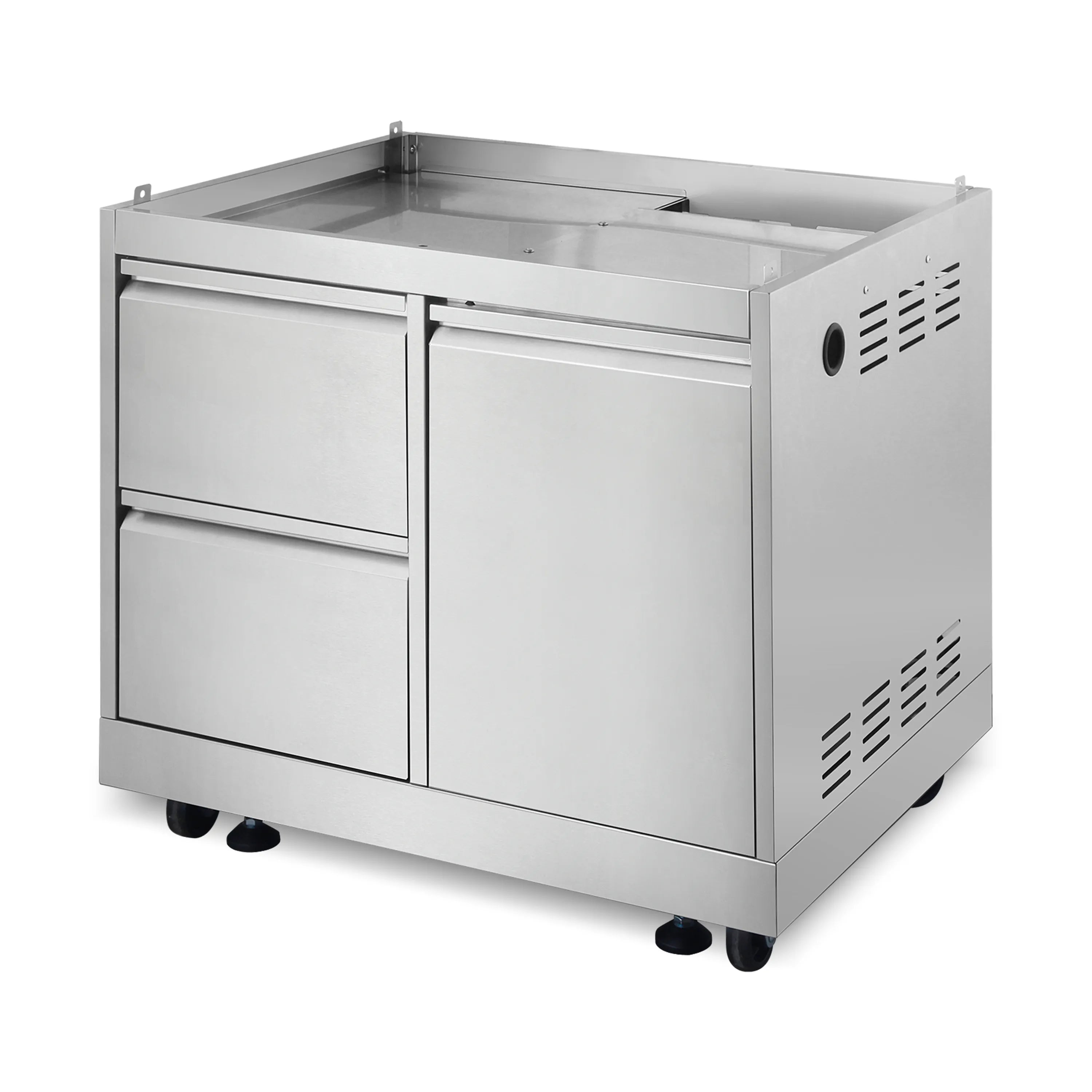 Stainless steel grill cabinet with double doors, open top firebox, and casters.