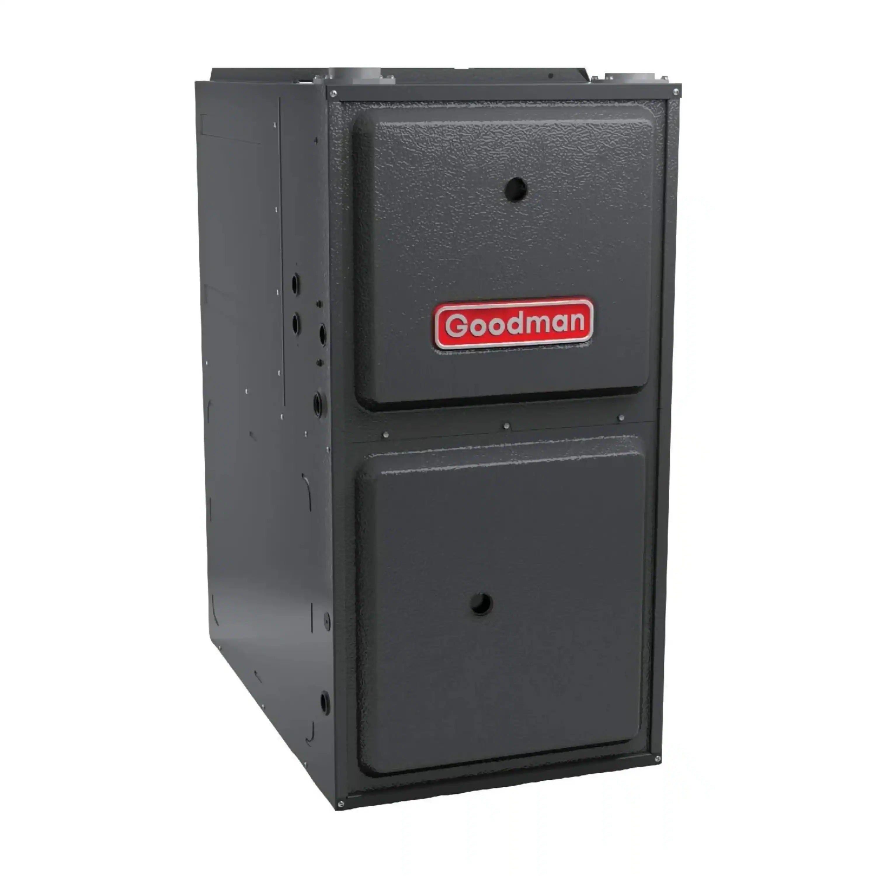 Goodman central air conditioner outdoor unit, side view with access panels