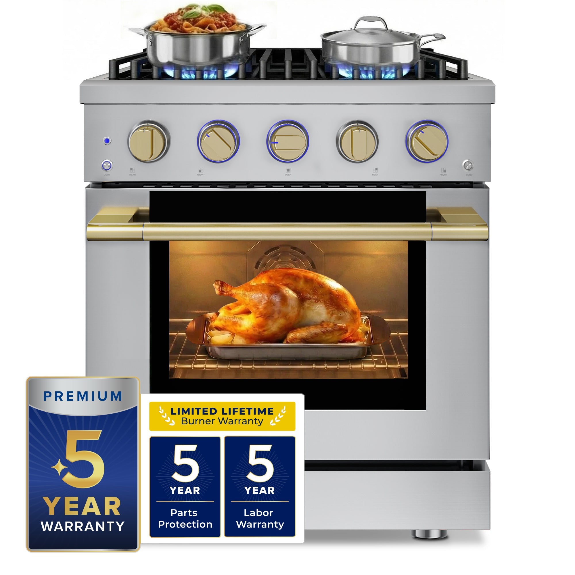 30-inch range with brass-look control knobs and lit convection oven