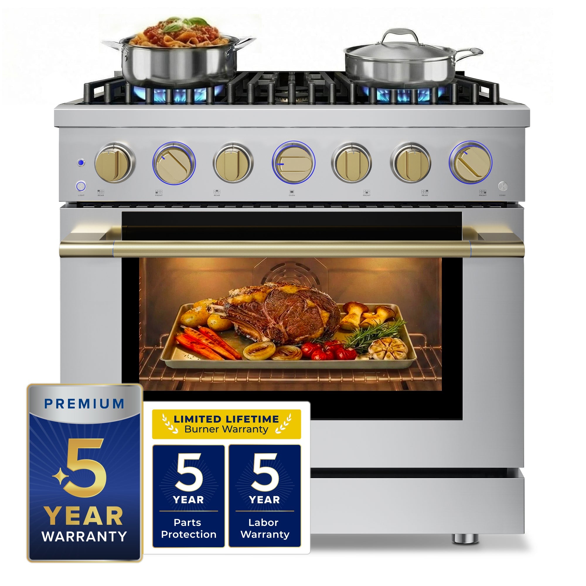 Stainless steel gas range with brass control knobs, lit burners, and open convection oven