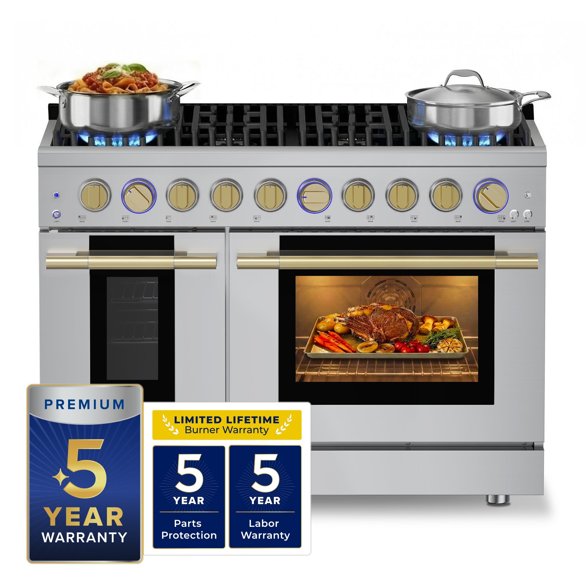 Hauslane HausPro Series 48-Inch Gas or Dual Fuel Range with 8 Burners and Convection Oven in Stainless Steel