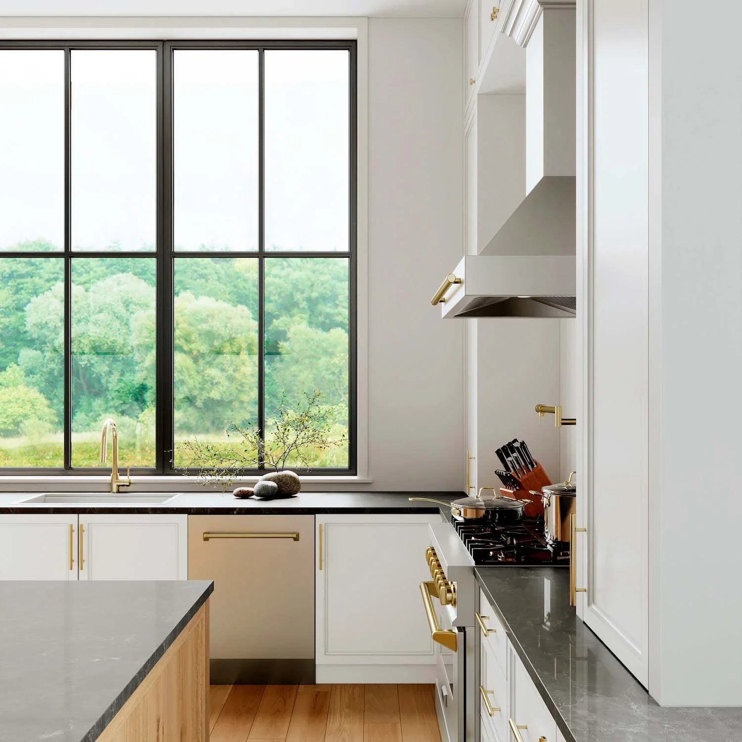 Wall-mounted range hood with gold accents in a modern kitchen