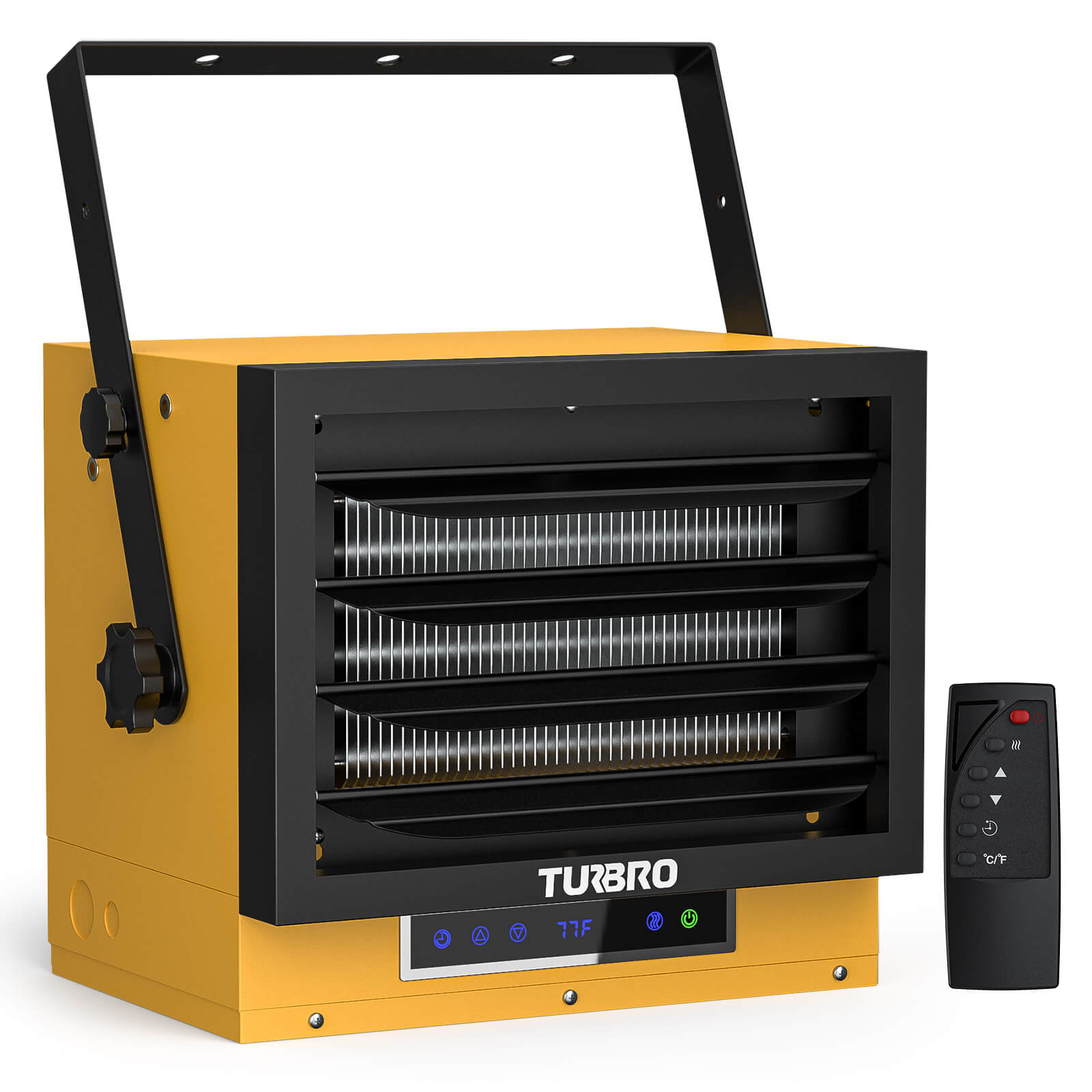 Yellow electric garage heater open front showing heating elements and LED display
