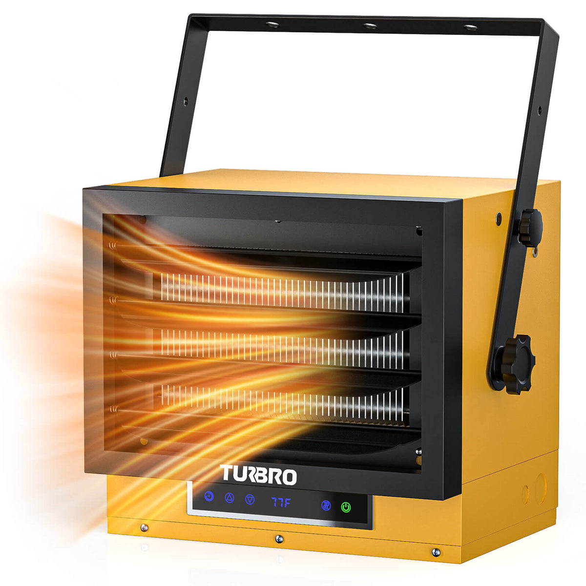 Yellow-and-black electric garage heater with front grille and LED control panel