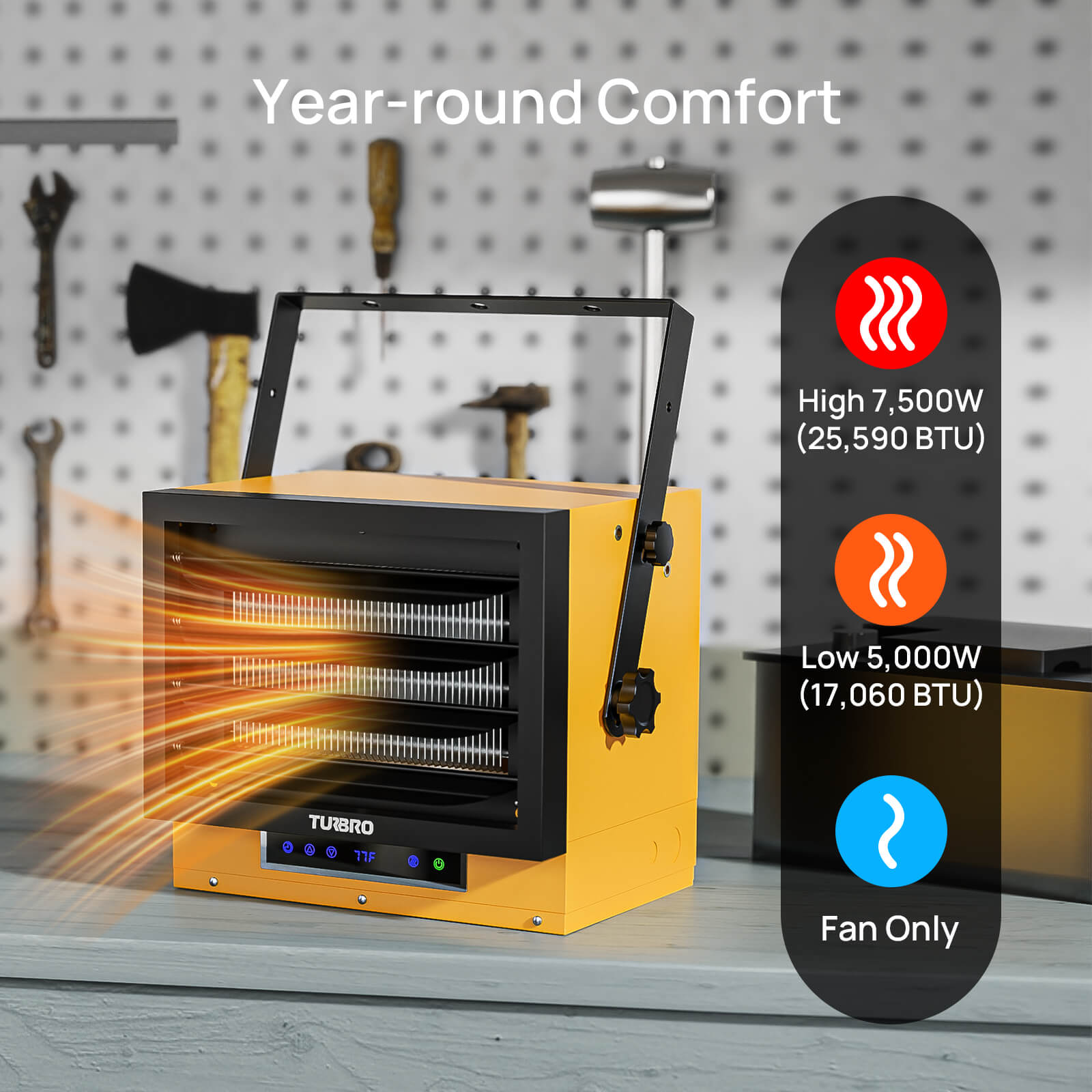 Yellow electric garage heater with high/low heat controls and fan-only option