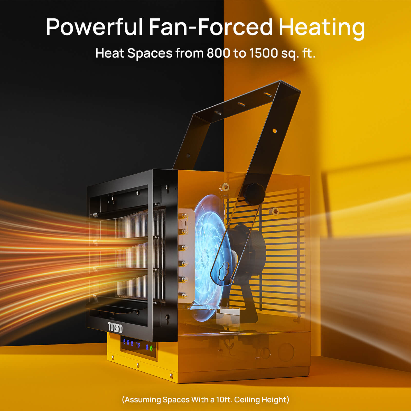 Yellow electric fan-forced garage heater blowing warm air from the front