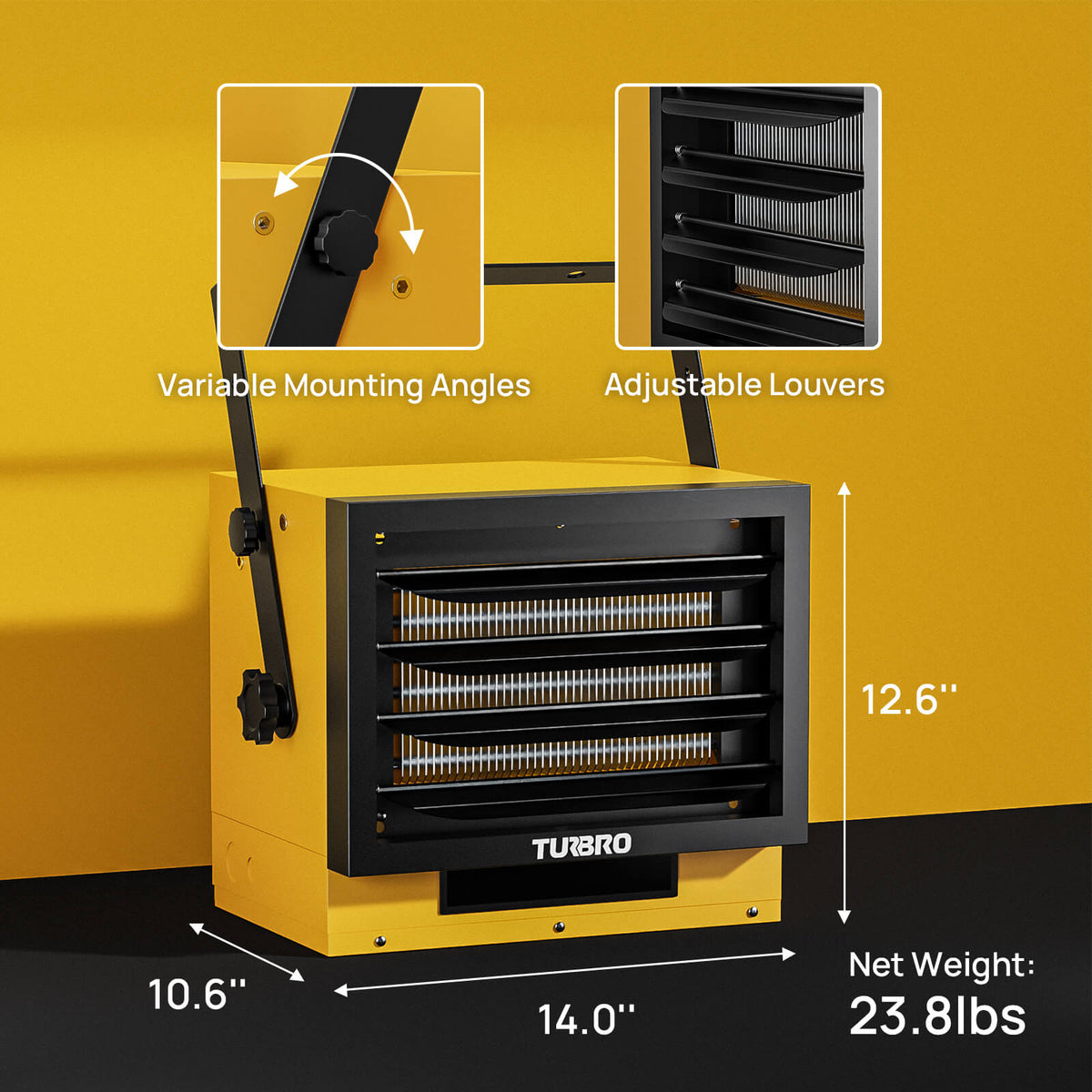 Yellow electric garage heater with adjustable louvers and variable mounting angles